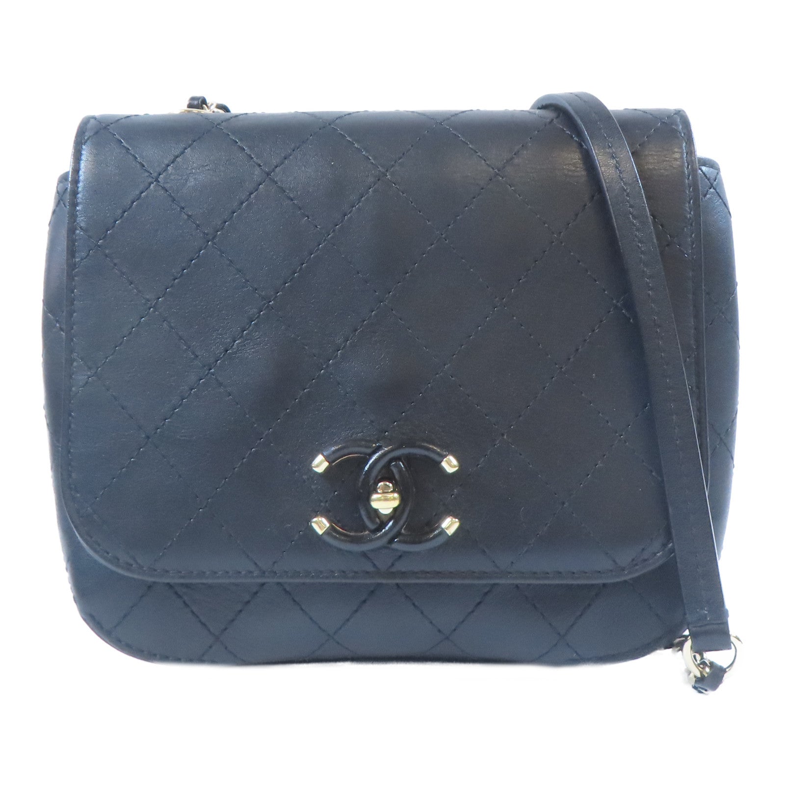 CHANEL 【激減優惠】菱格牛皮皮革CC Stitched Flap金扣鏈帶肩背袋黑色