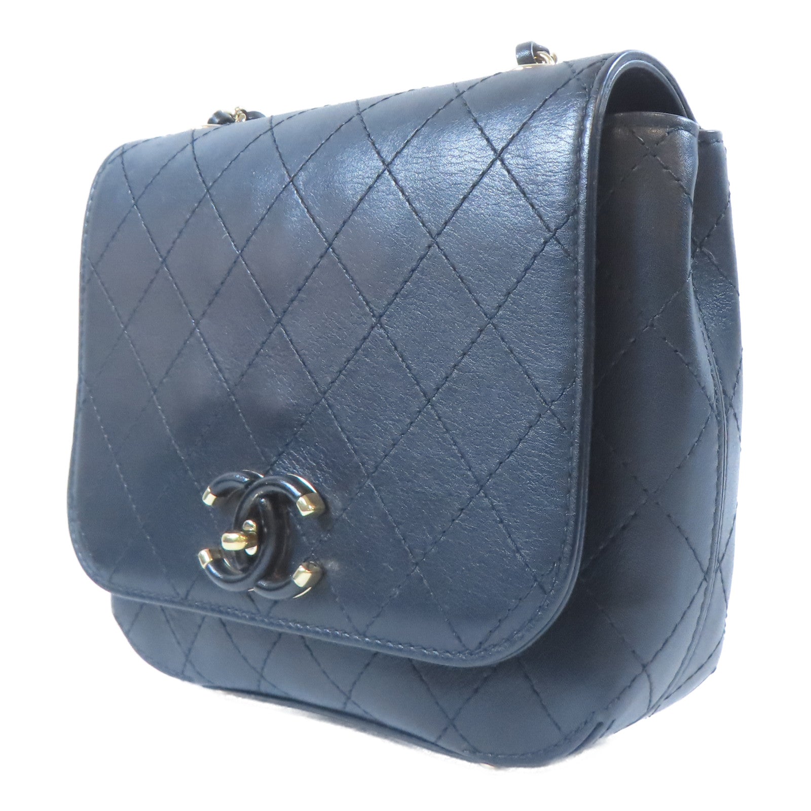 CHANEL 【激減優惠】菱格牛皮皮革CC Stitched Flap金扣鏈帶肩背袋黑色