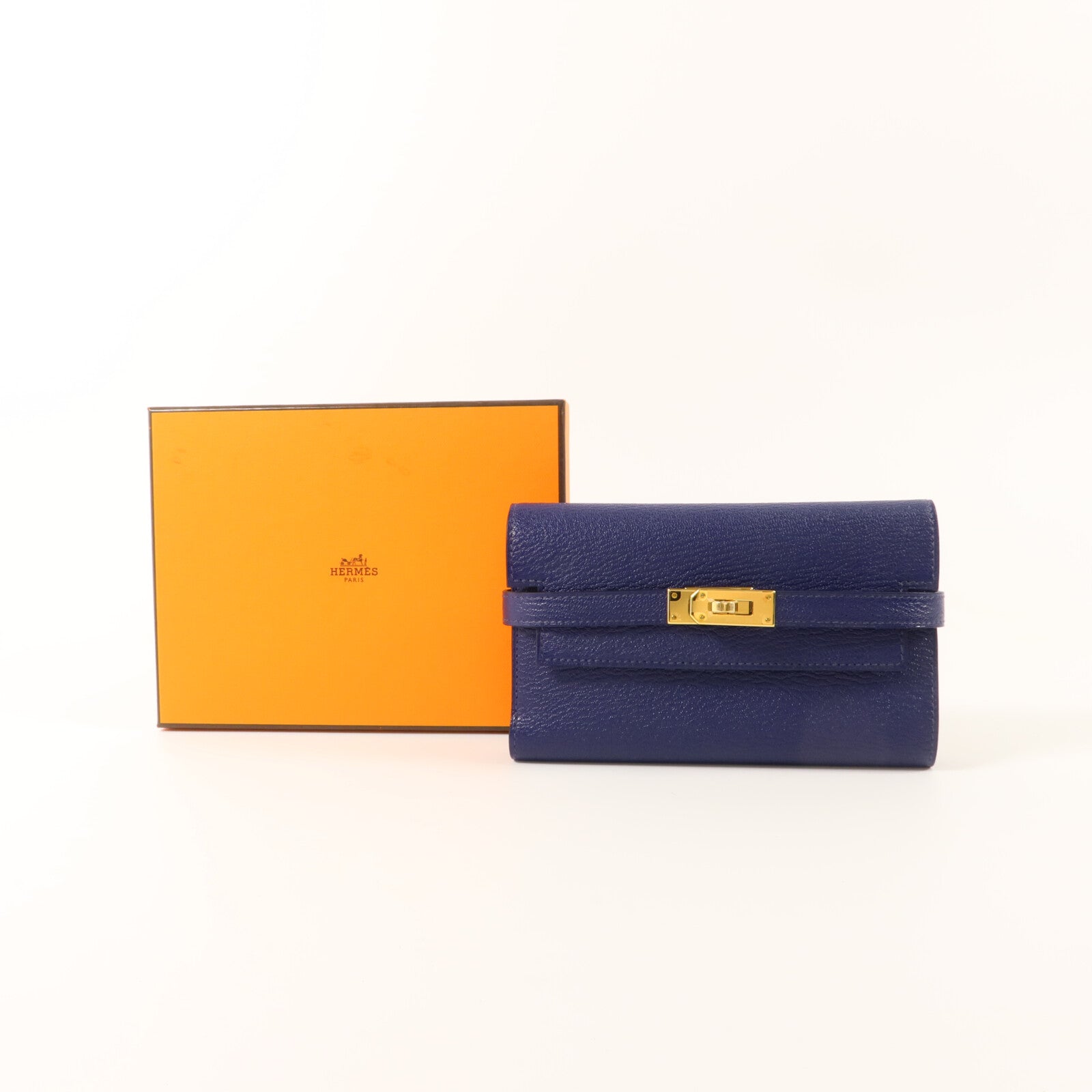 HERMES Chevre皮革Kelly Depliant Medium Wallet錢包Bleu Encre