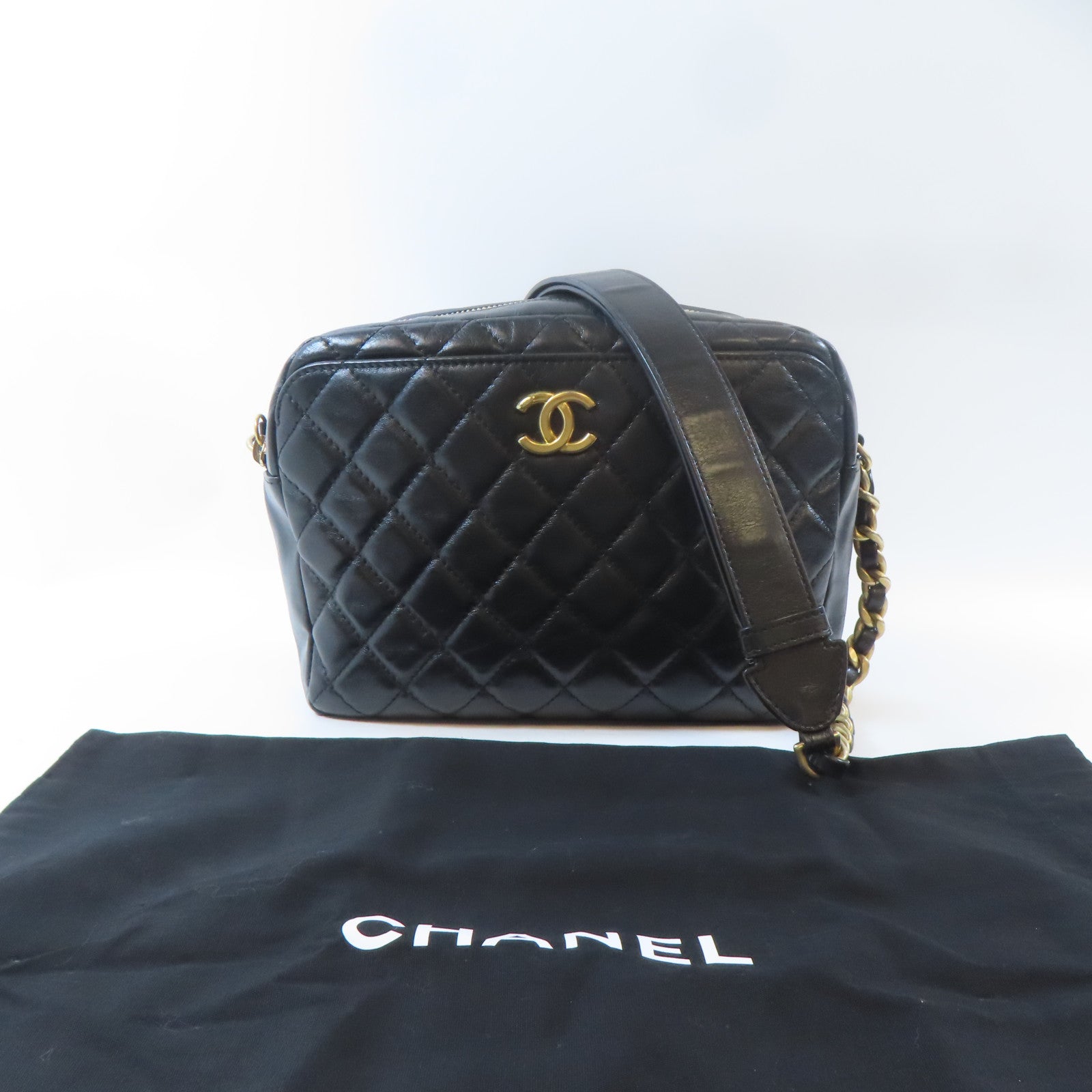 CHANEL 菱格牛皮皮革Shoulder Bag金扣肩背袋黑色