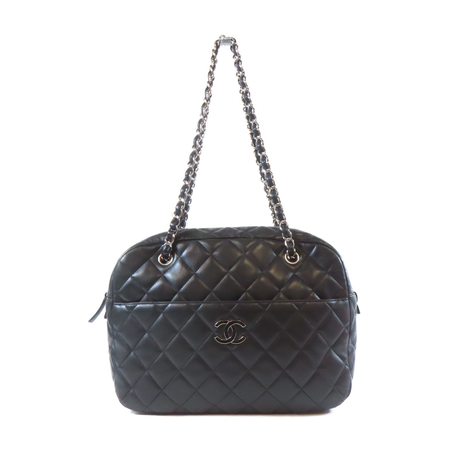 CHANEL 菱格羊皮皮革Chain Shoulder銀扣鏈帶肩背袋黑色