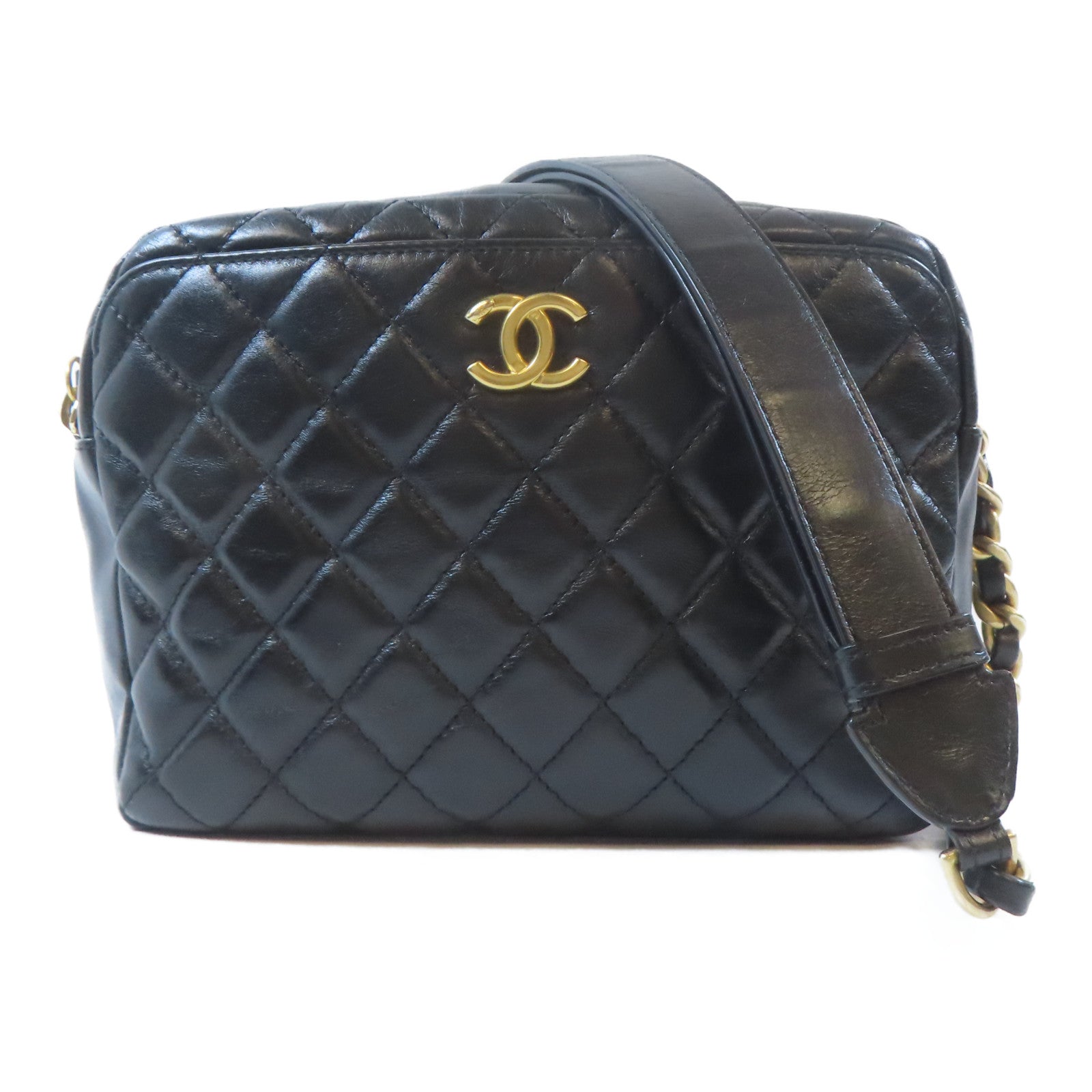 CHANEL 菱格牛皮皮革Shoulder Bag金扣肩背袋黑色