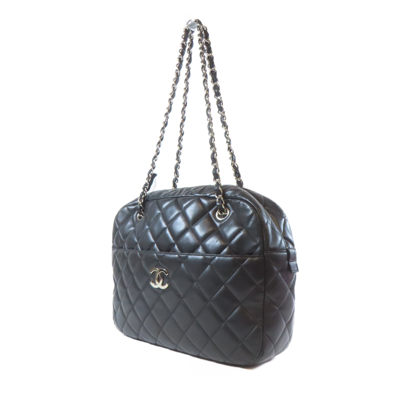 CHANEL 菱格羊皮皮革Chain Shoulder銀扣鏈帶肩背袋黑色