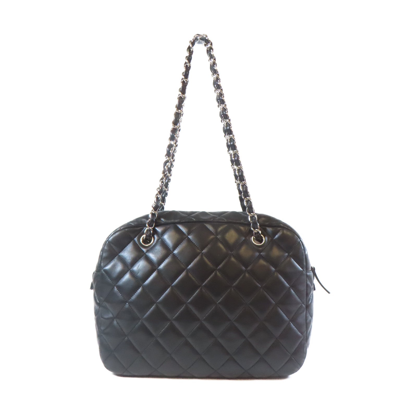 CHANEL 菱格羊皮皮革Chain Shoulder銀扣鏈帶肩背袋黑色