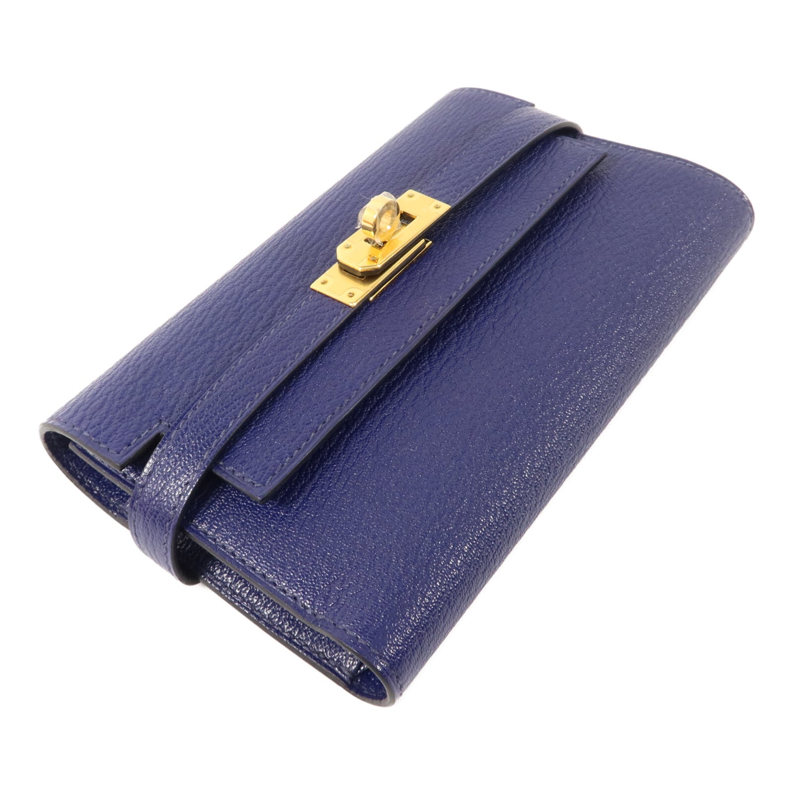 HERMES Chevre皮革Kelly Depliant Medium Wallet錢包Bleu Encre