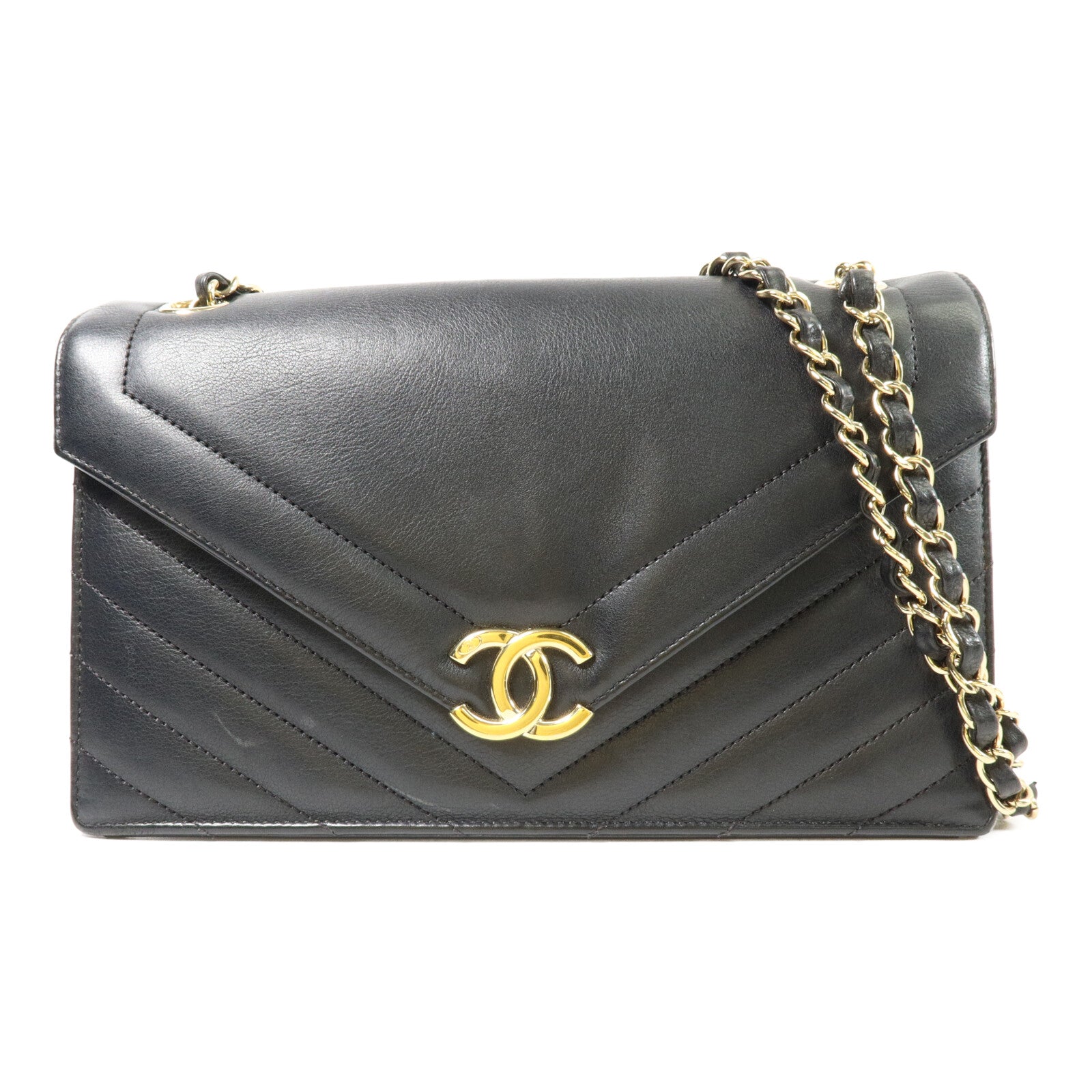 CHANEL 牛皮皮革Large Chevron Flap Bag鏈帶肩背袋