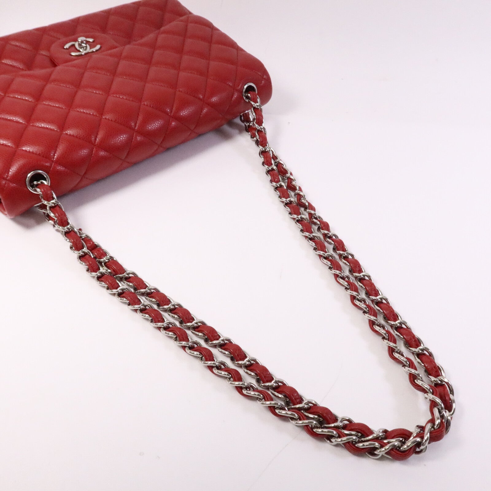 CHANEL 牛皮皮革Large Classic銀扣鏈帶肩背袋