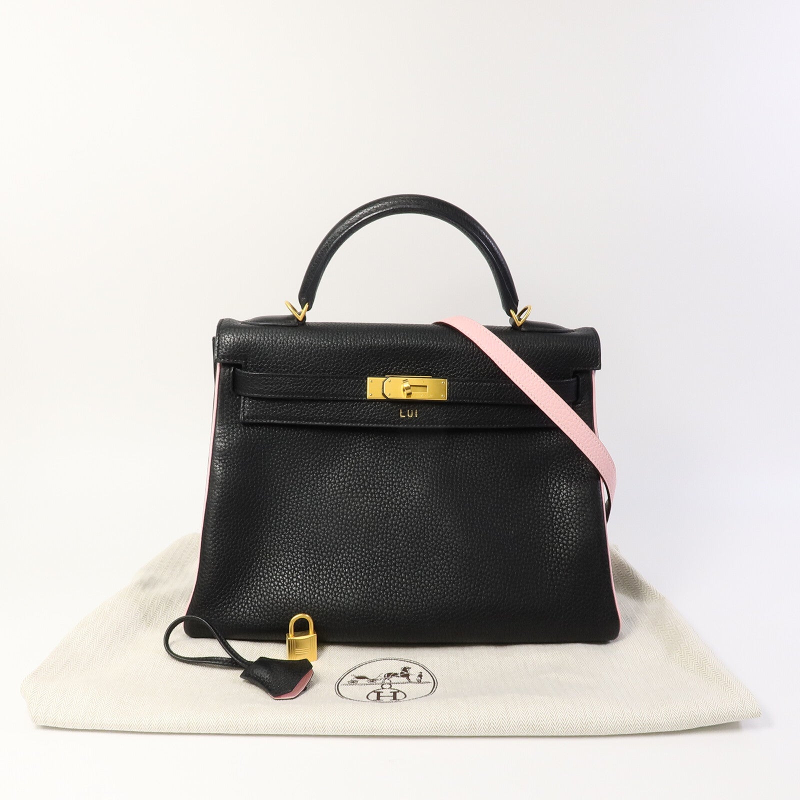 HERMES Togo皮革Kelly 32(Name mark)手挽肩背兩用袋Noir/Rose Sakura