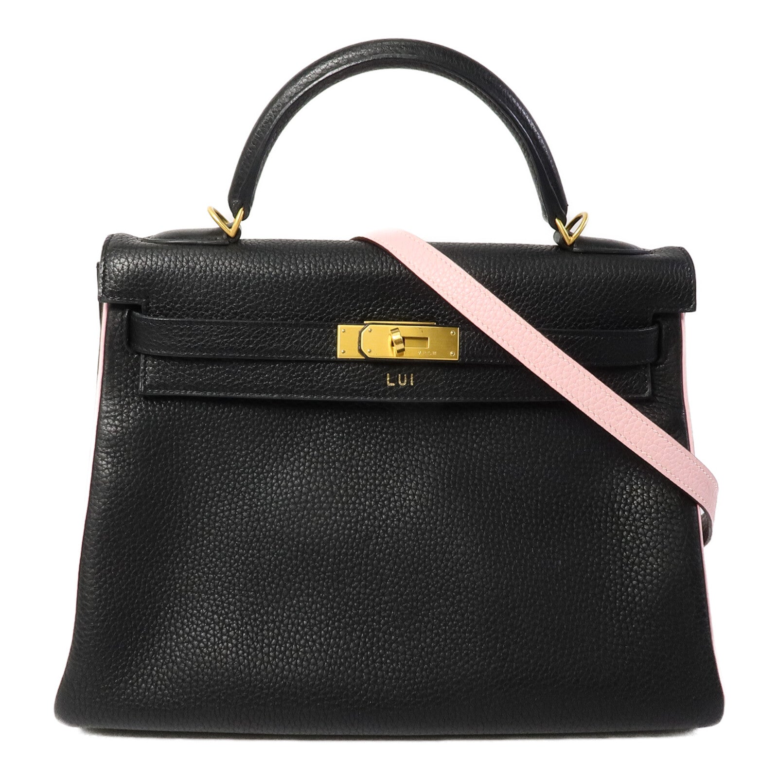 HERMES Togo皮革Kelly 32(Name mark)手挽肩背兩用袋Noir/Rose Sakura