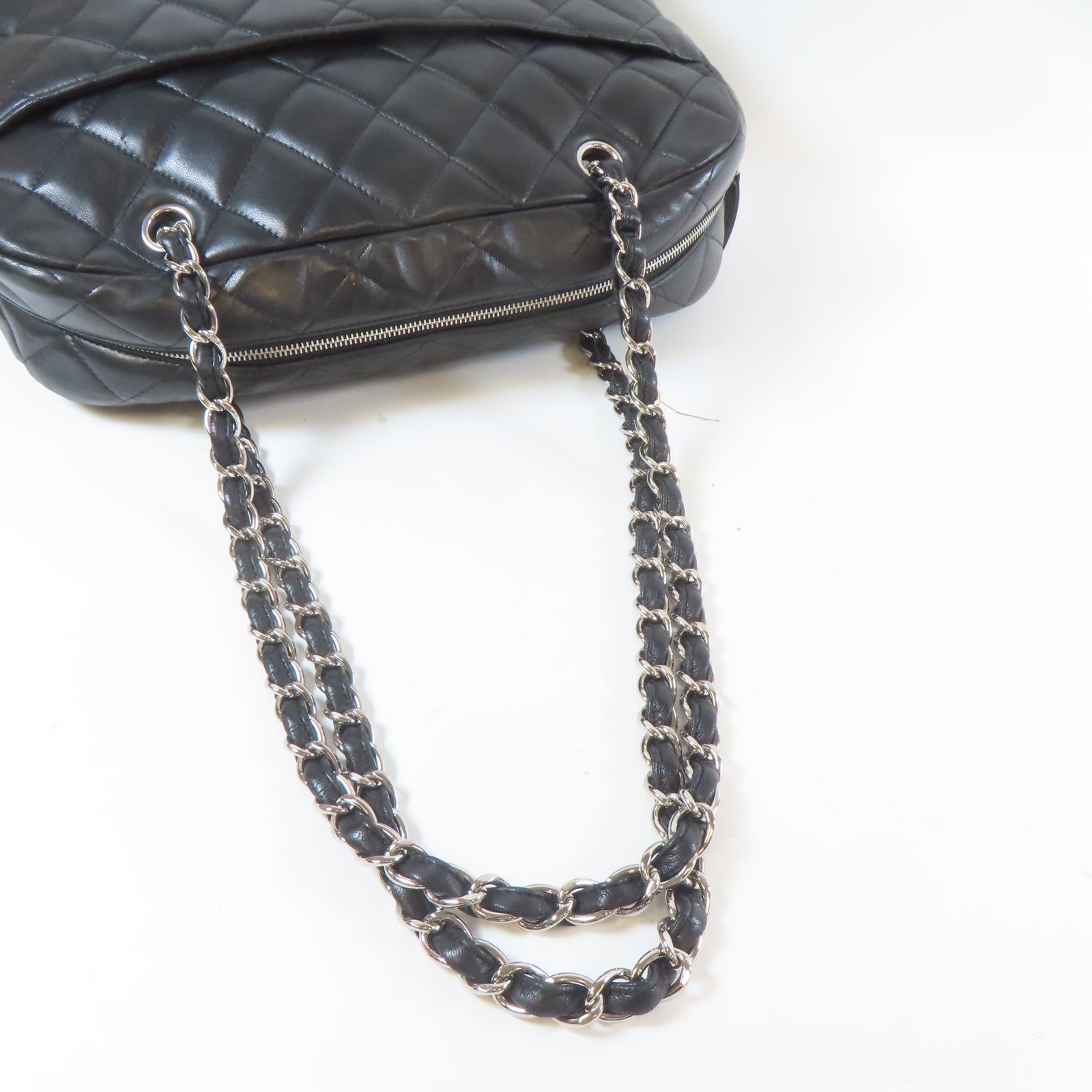 CHANEL 菱格羊皮皮革Chain Shoulder銀扣鏈帶肩背袋黑色