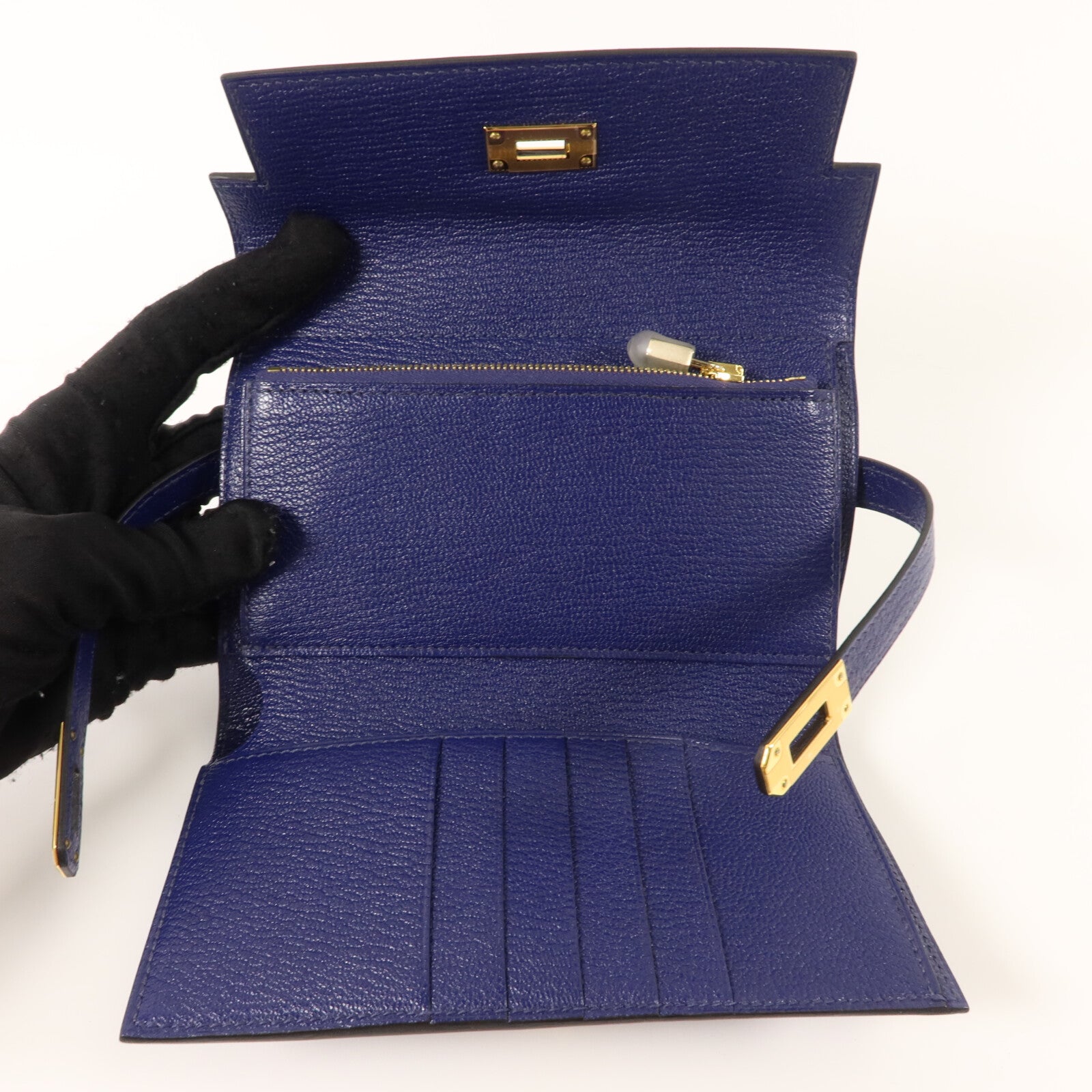 HERMES Chevre皮革Kelly Depliant Medium Wallet錢包Bleu Encre