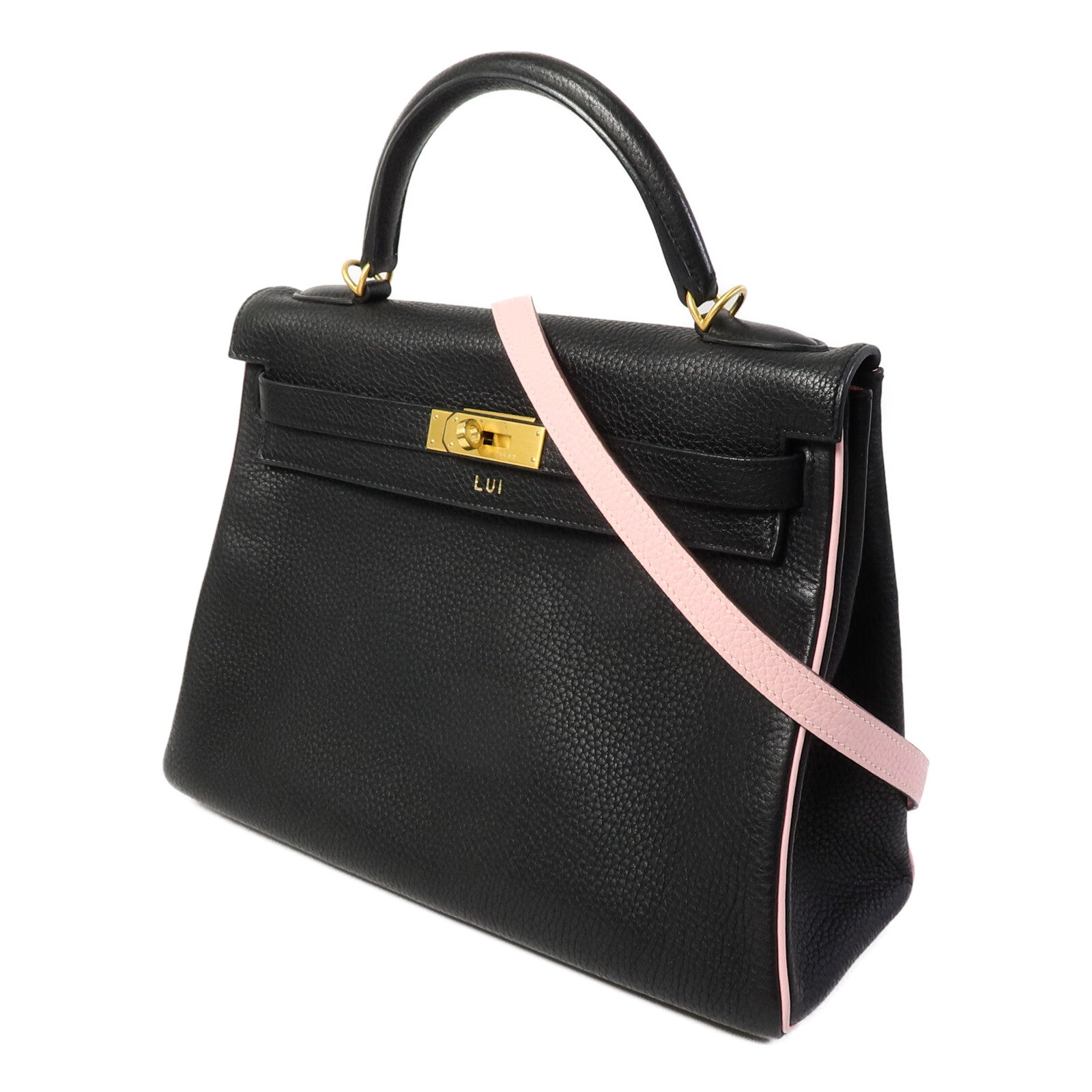 HERMES Togo皮革Kelly 32(Name mark)手挽肩背兩用袋Noir/Rose Sakura