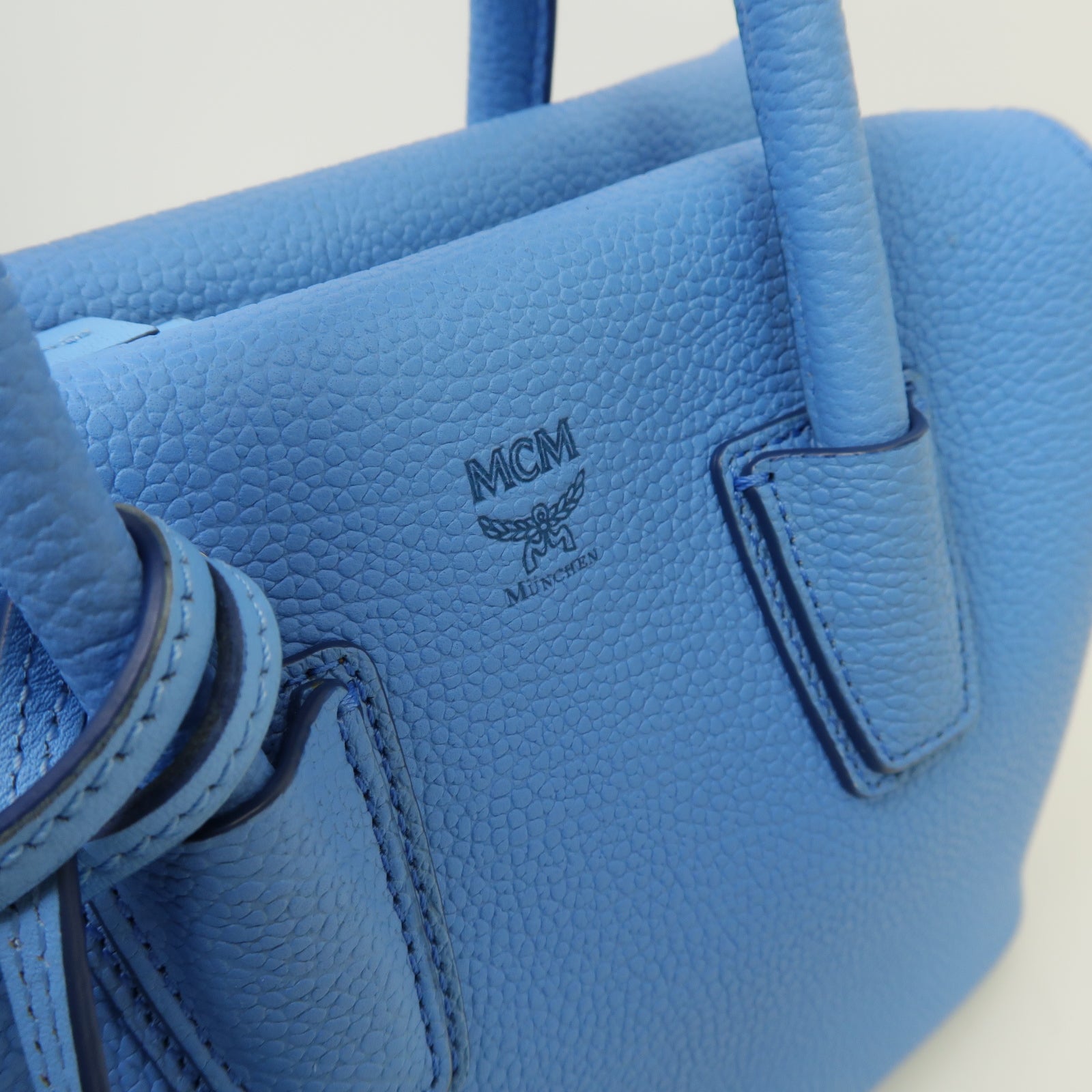 MCM 牛皮皮革2way Shoulder Bag銀扣手挽肩背兩用袋藍色