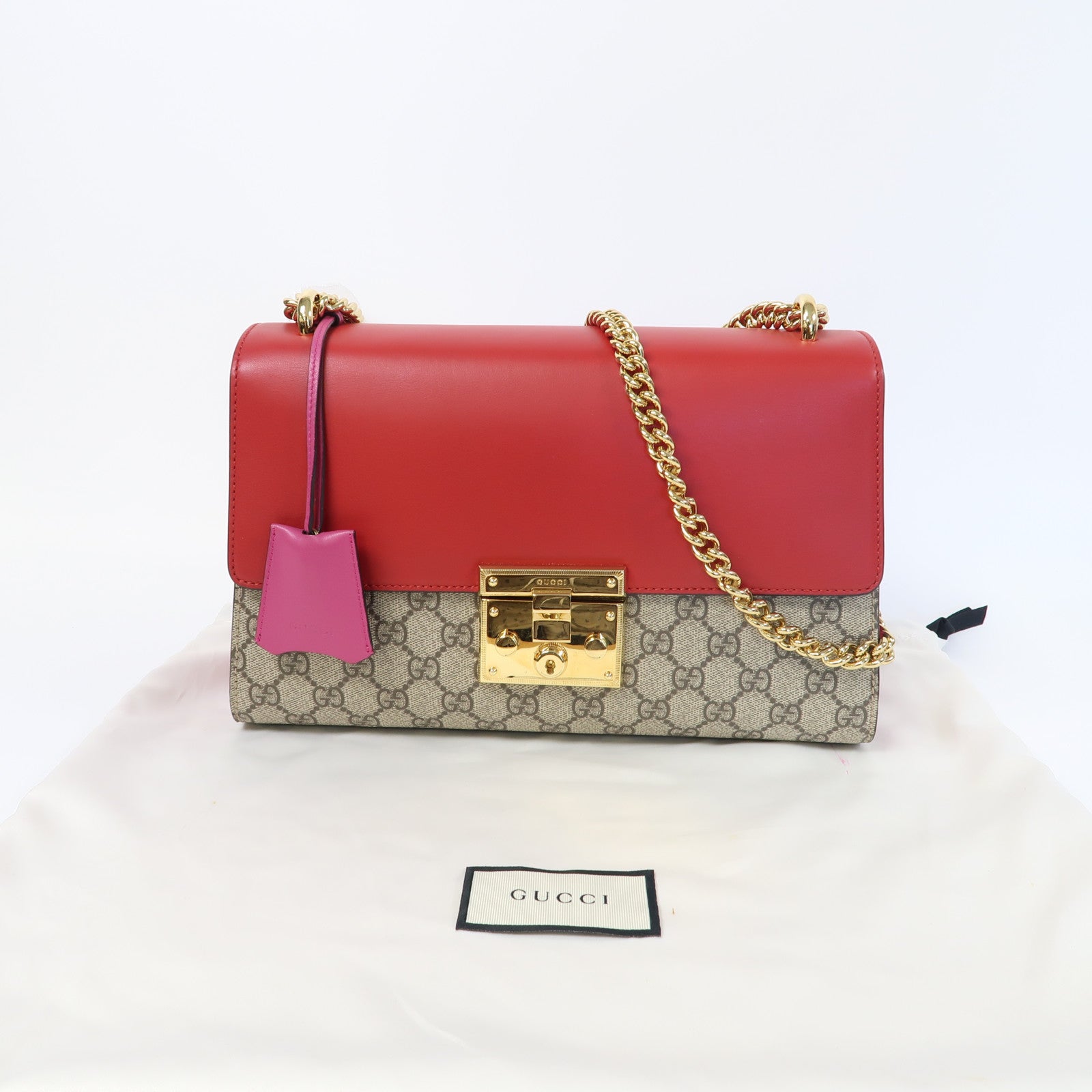 GUCCI 塗層帆布/皮革 Interlock Marmont金扣鏈帶手挽肩背兩用袋粉紅色