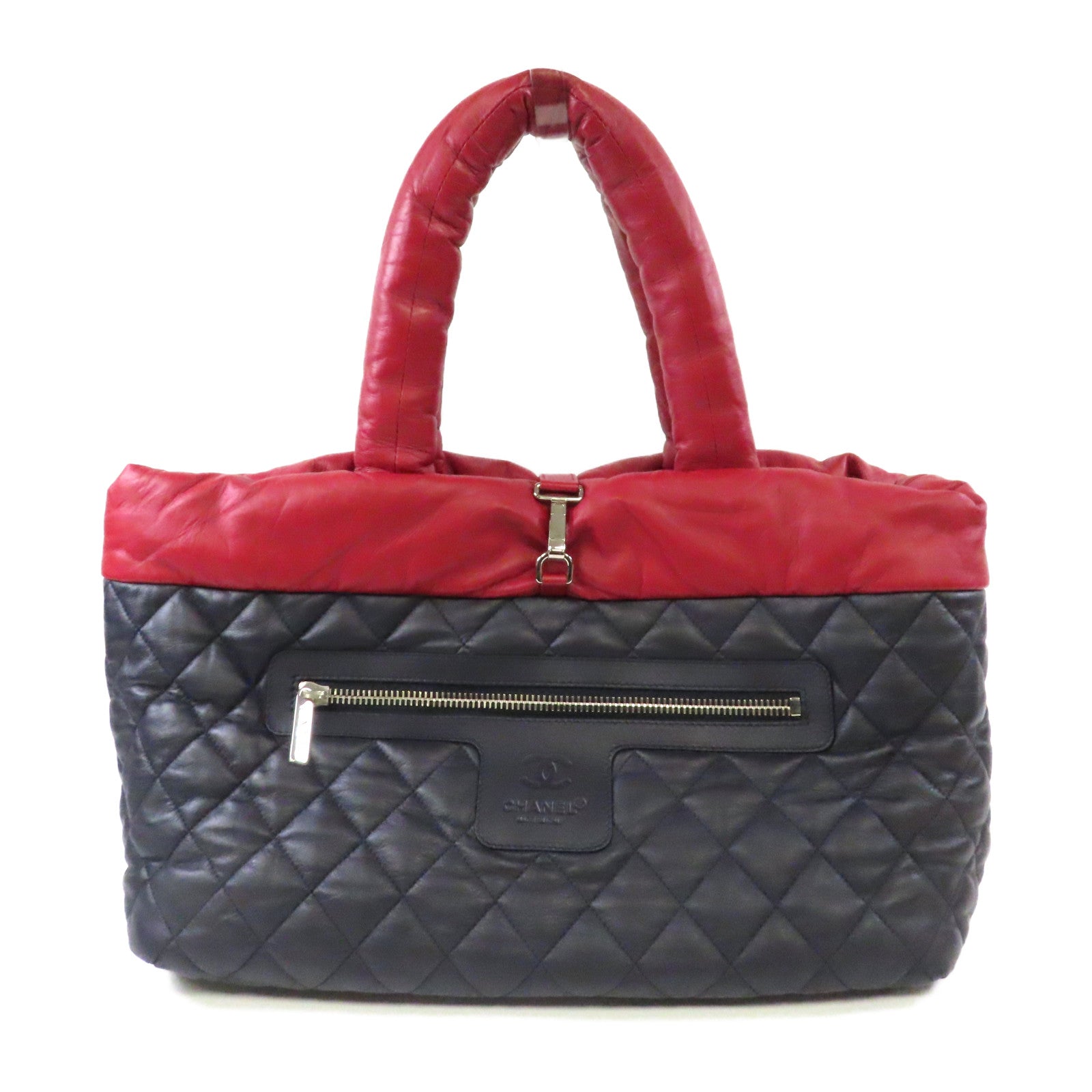 CHANEL 【激減優惠】羊皮皮革CoCo Coon Reversible銀扣手挽袋紅色/藍色