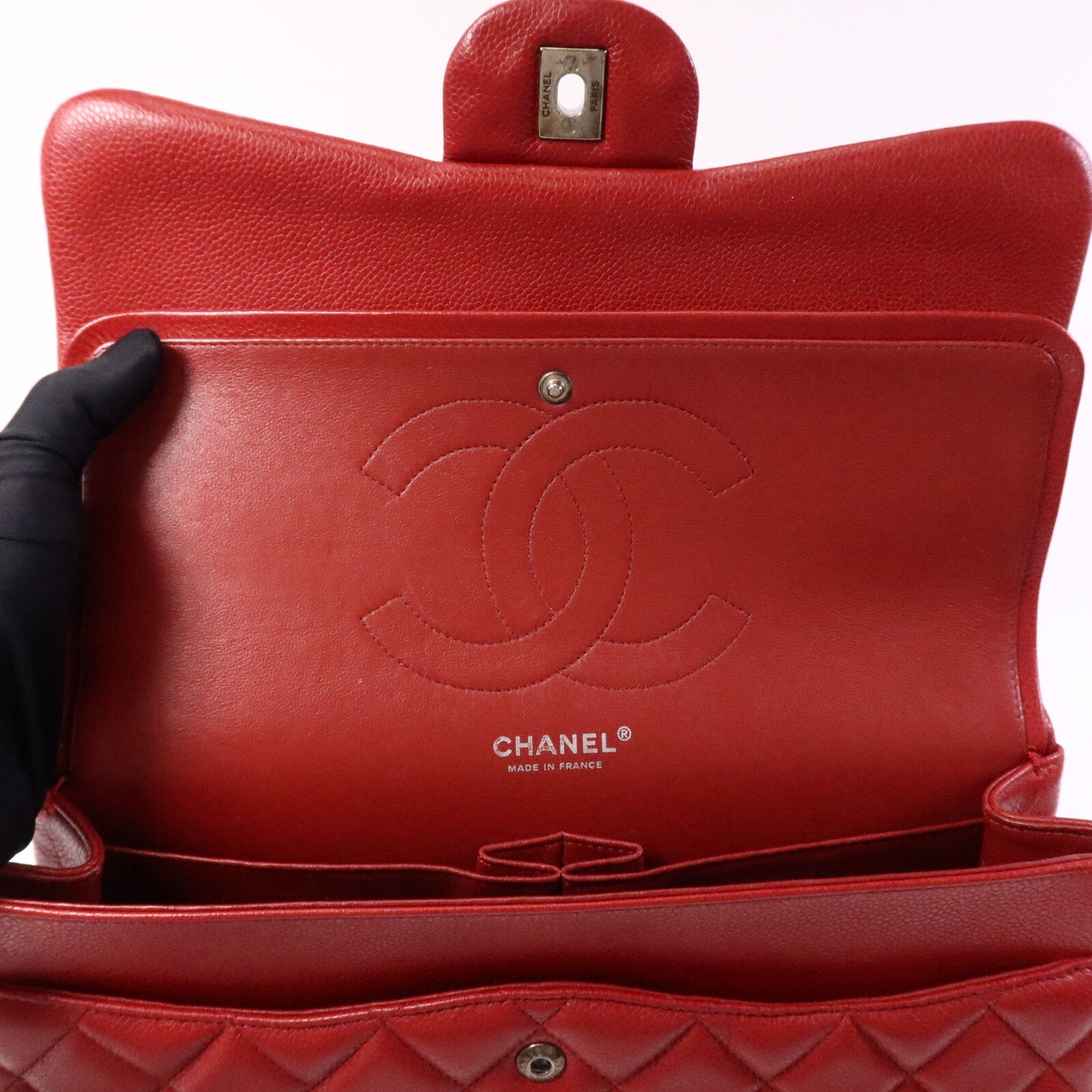 CHANEL 牛皮皮革Large Classic銀扣鏈帶肩背袋