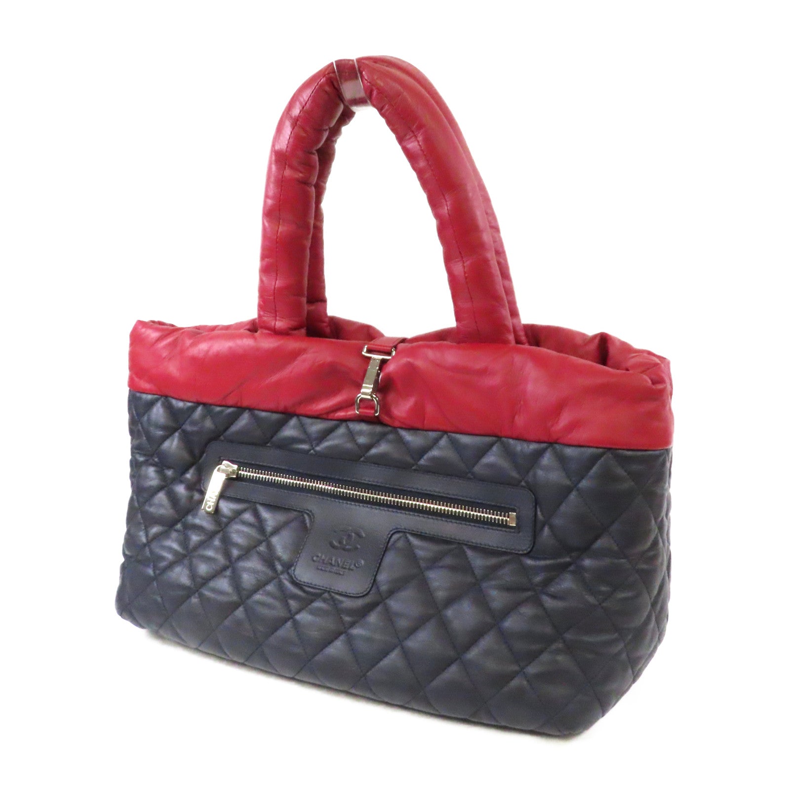 CHANEL 【激減優惠】羊皮皮革CoCo Coon Reversible銀扣手挽袋紅色/藍色