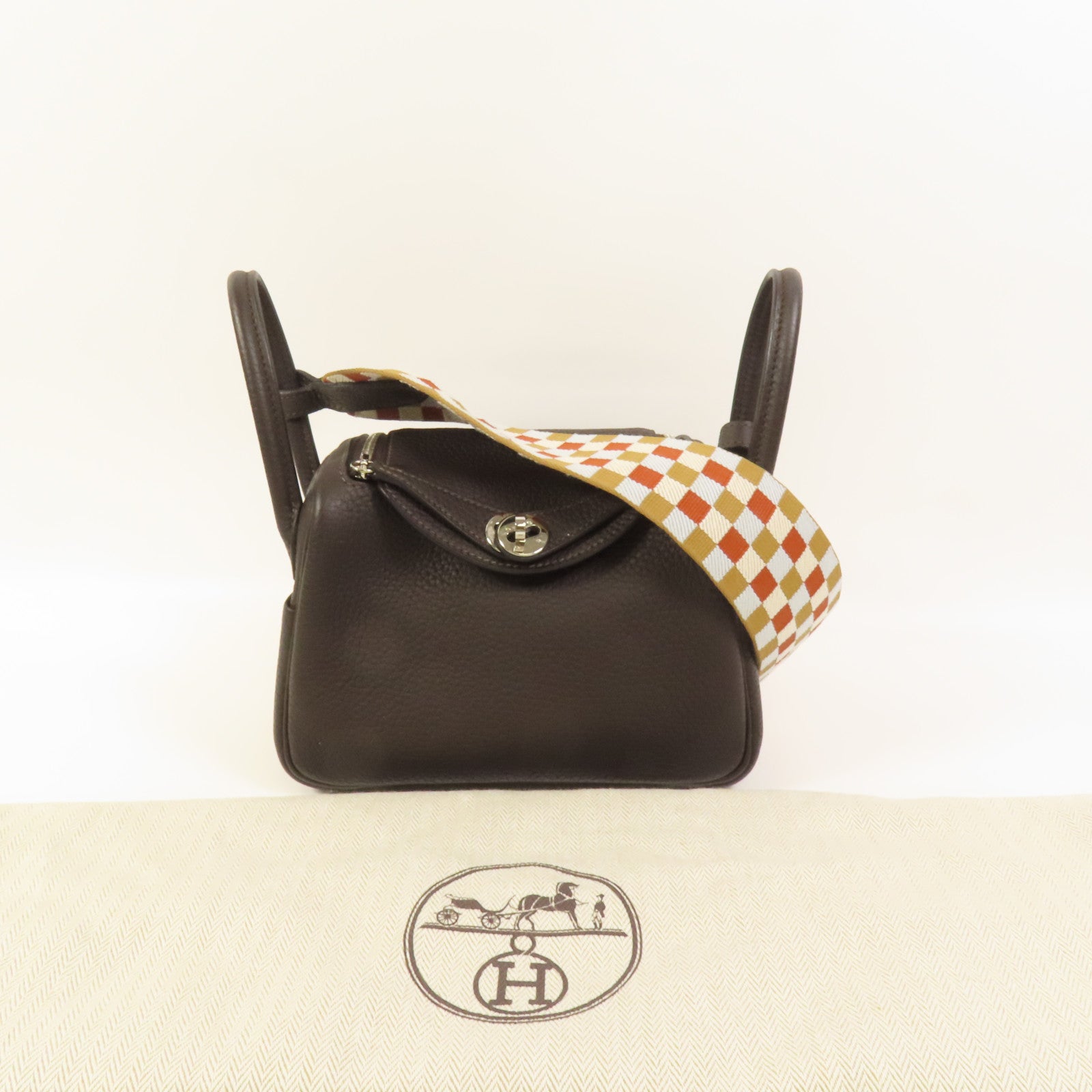 HERMES Clemence皮革Mini Lindy銀扣手挽肩背兩用袋Macassar
