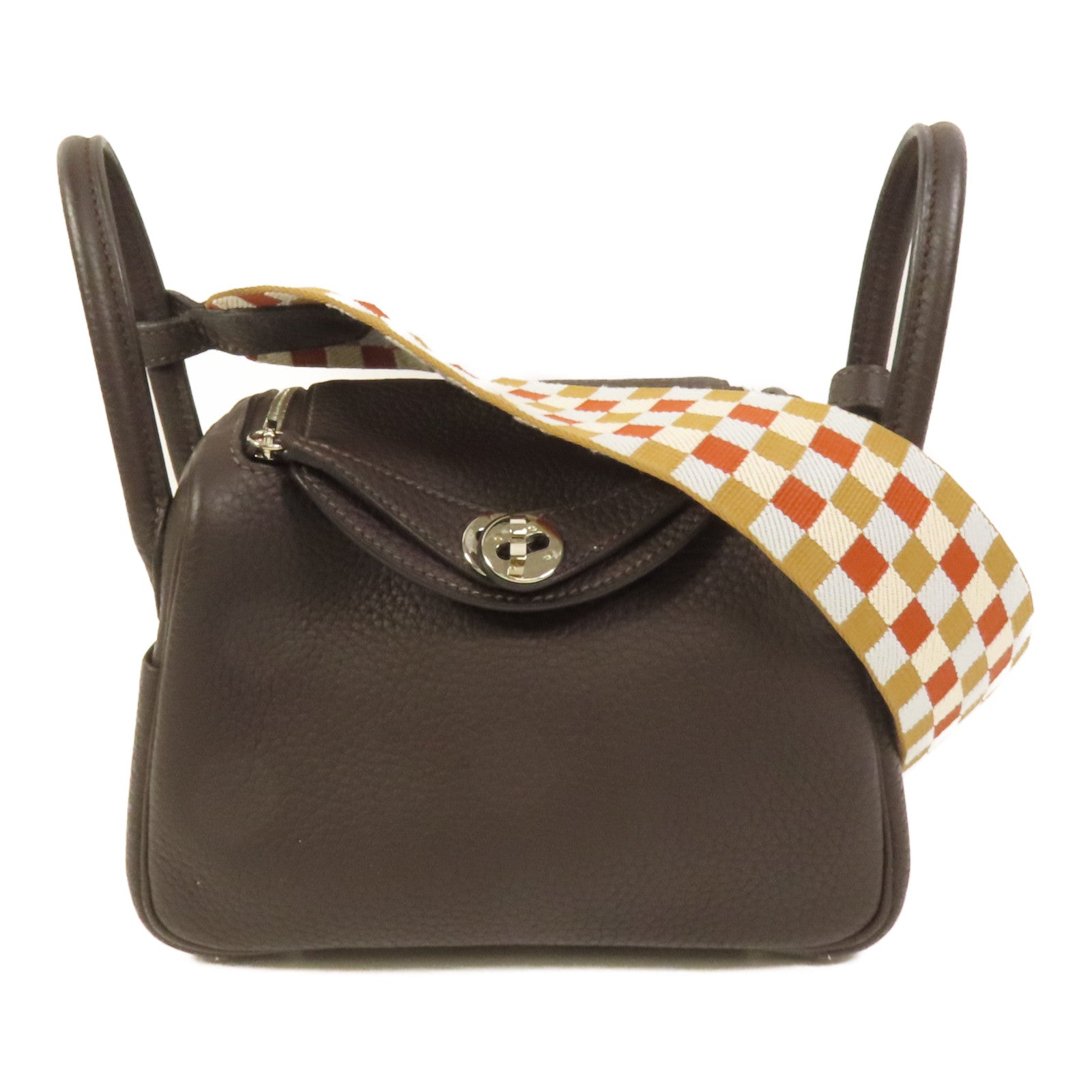 HERMES Clemence皮革Mini Lindy銀扣手挽肩背兩用袋Macassar
