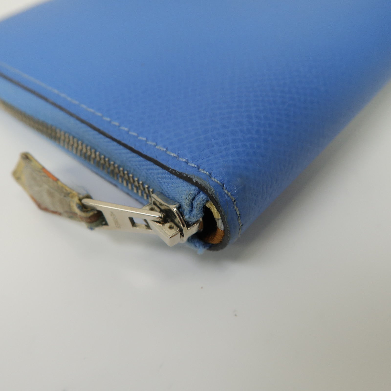 HERMES 【激減優惠】Epsom皮革Silk'In Compact銀扣拉鍊長錢包天堂藍色