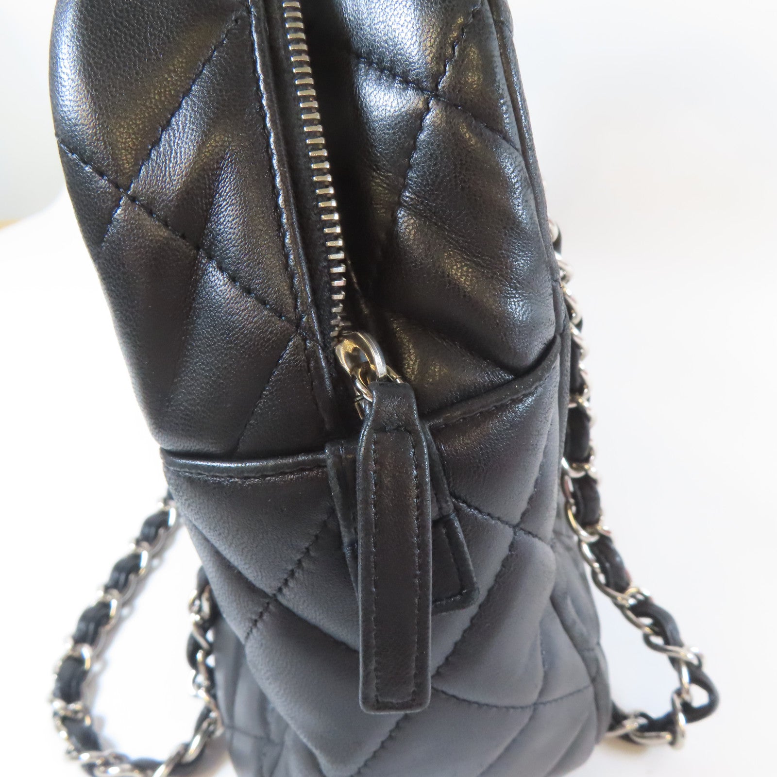 CHANEL 菱格羊皮皮革Chain Shoulder銀扣鏈帶肩背袋黑色