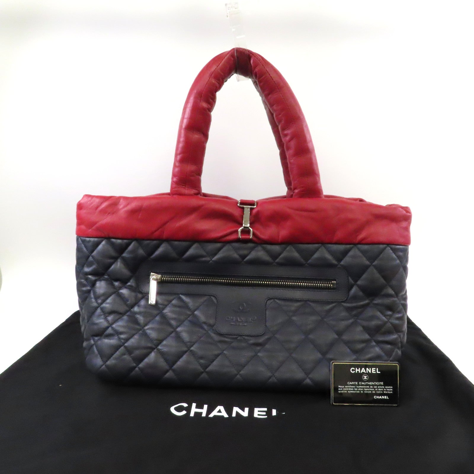 CHANEL 【激減優惠】羊皮皮革CoCo Coon Reversible銀扣手挽袋紅色/藍色
