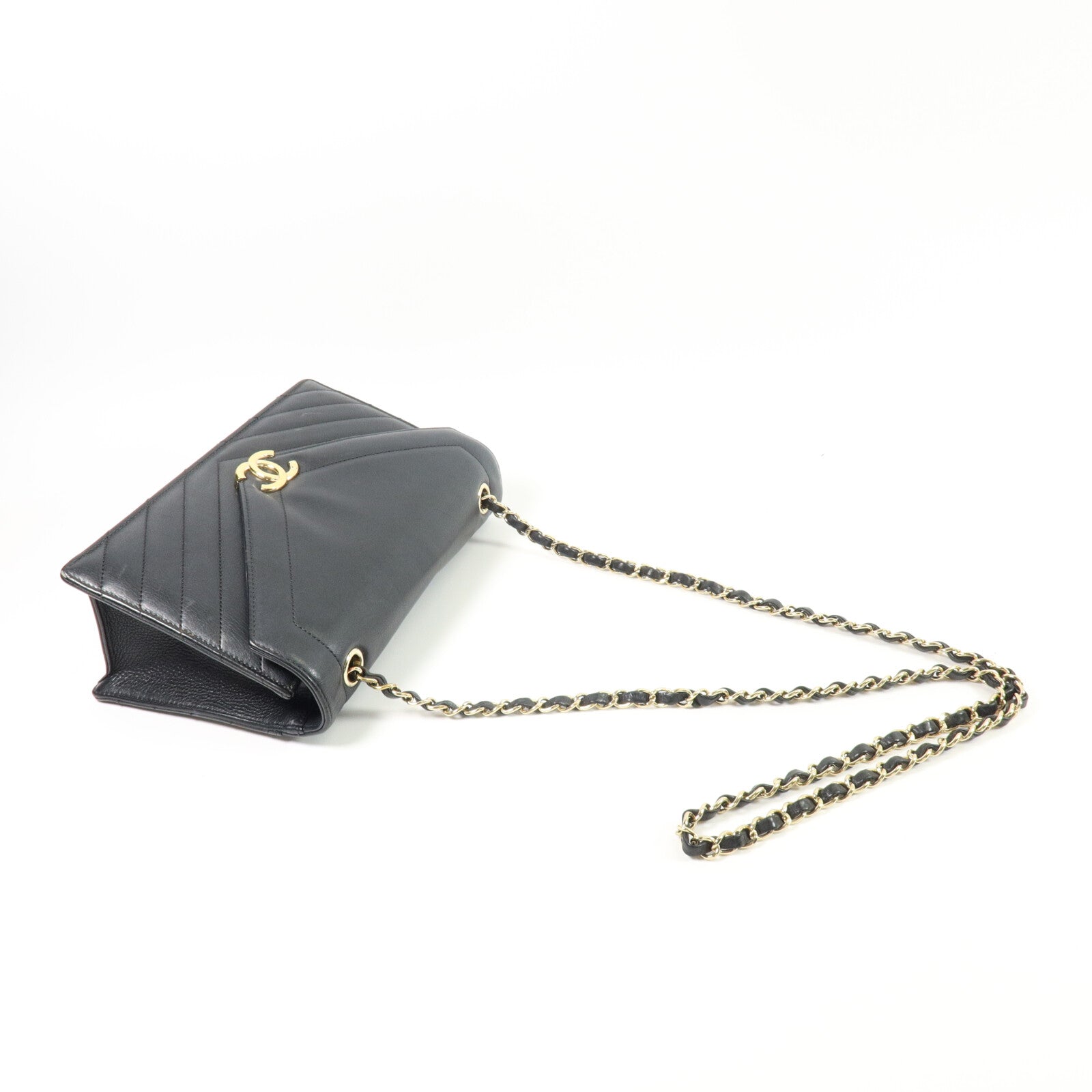 CHANEL 牛皮皮革Large Chevron Flap Bag鏈帶肩背袋