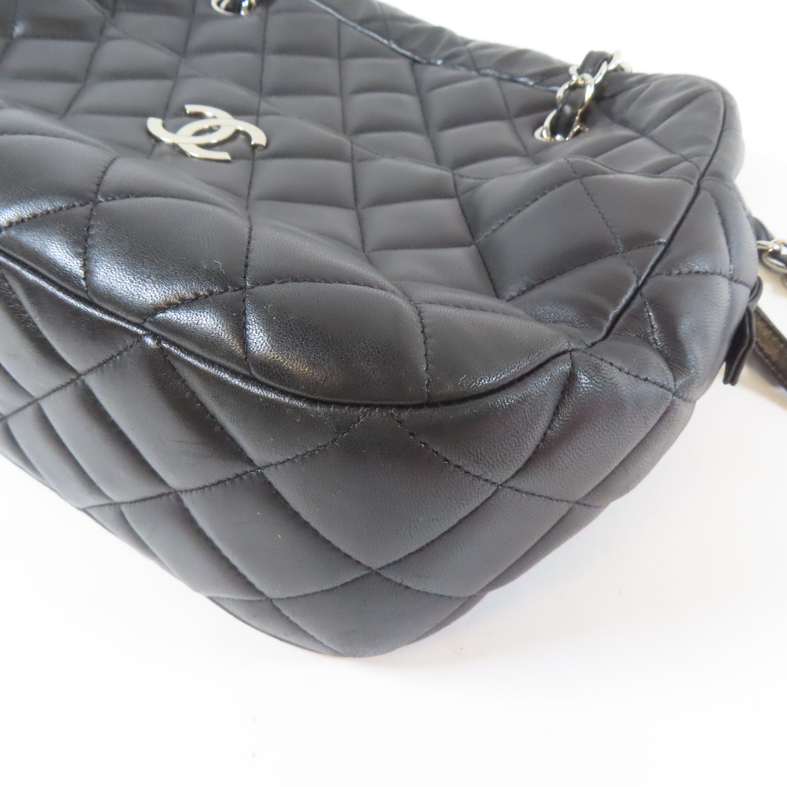 CHANEL 菱格羊皮皮革Chain Shoulder銀扣鏈帶肩背袋黑色