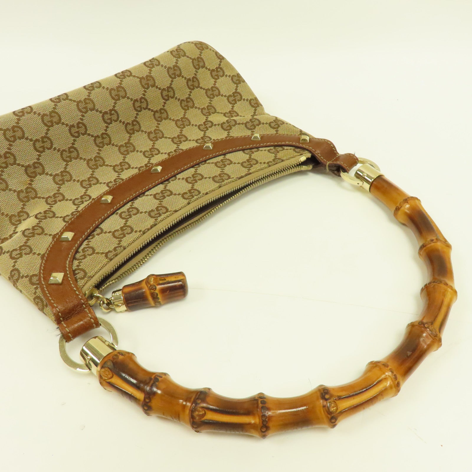 GUCCI 帆布Bamboo Hand Bag金扣手挽袋啡色