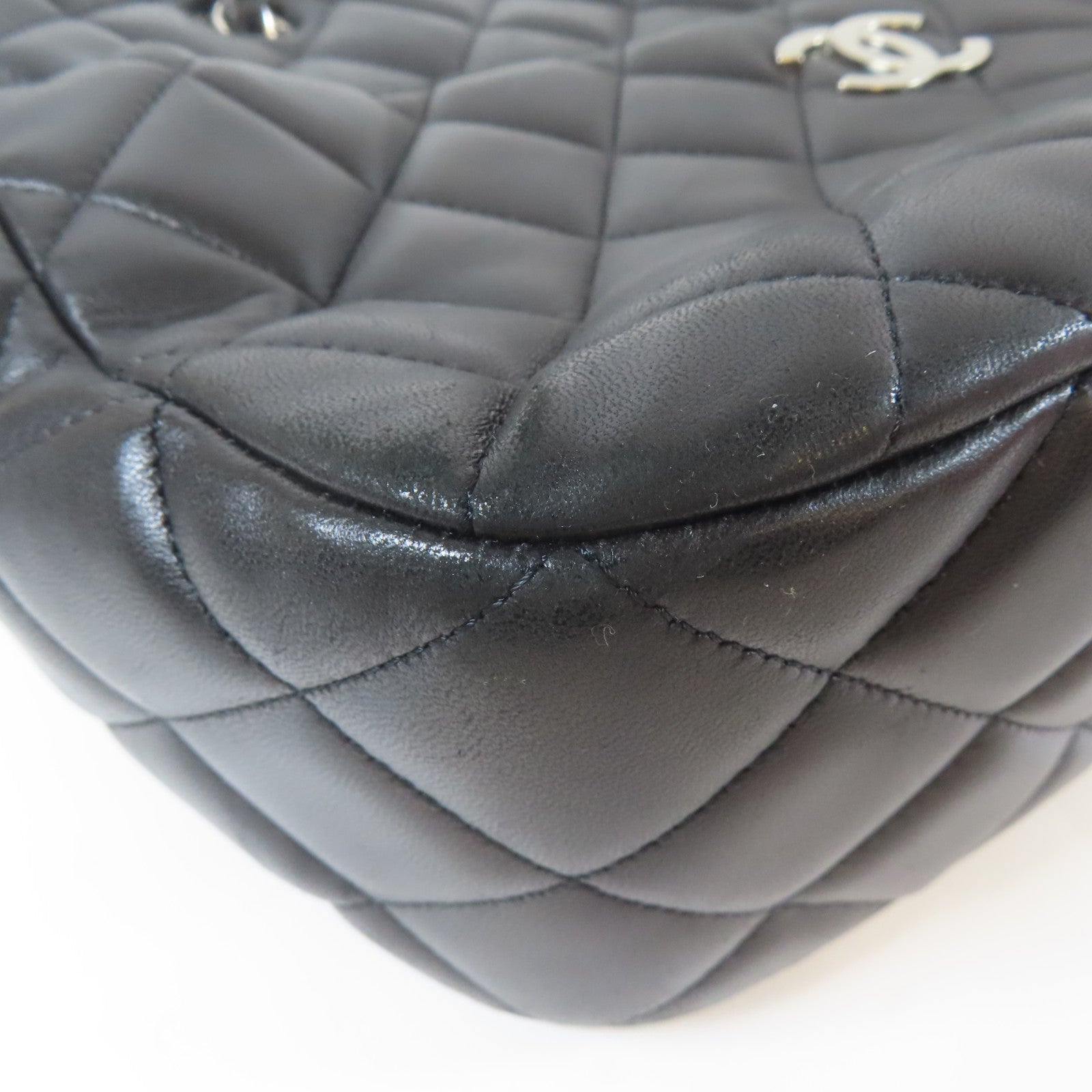 CHANEL 菱格羊皮皮革Chain Shoulder銀扣鏈帶肩背袋黑色