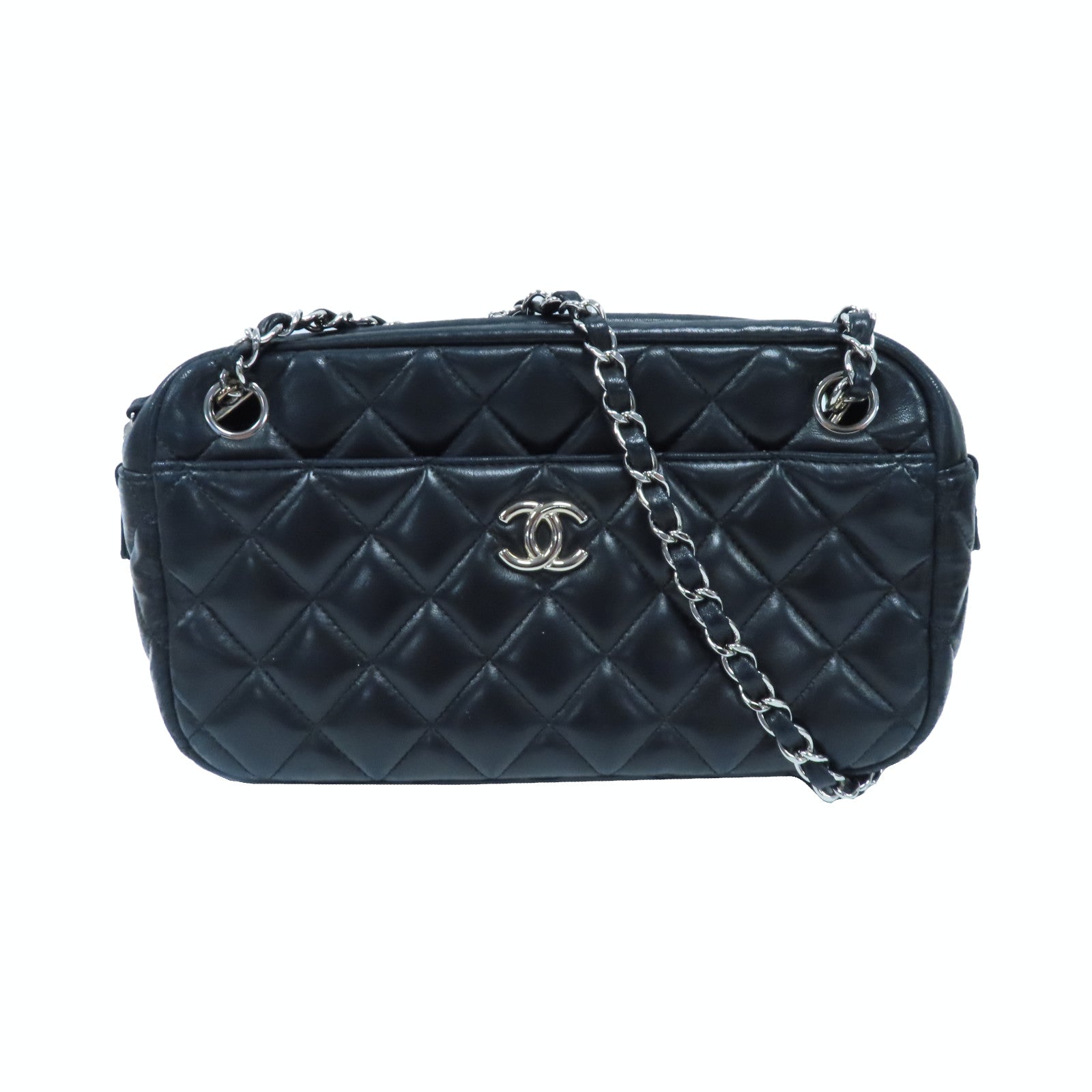 CHANEL 菱格牛皮皮革Shoulder Bag銀扣鏈帶肩背袋黑色