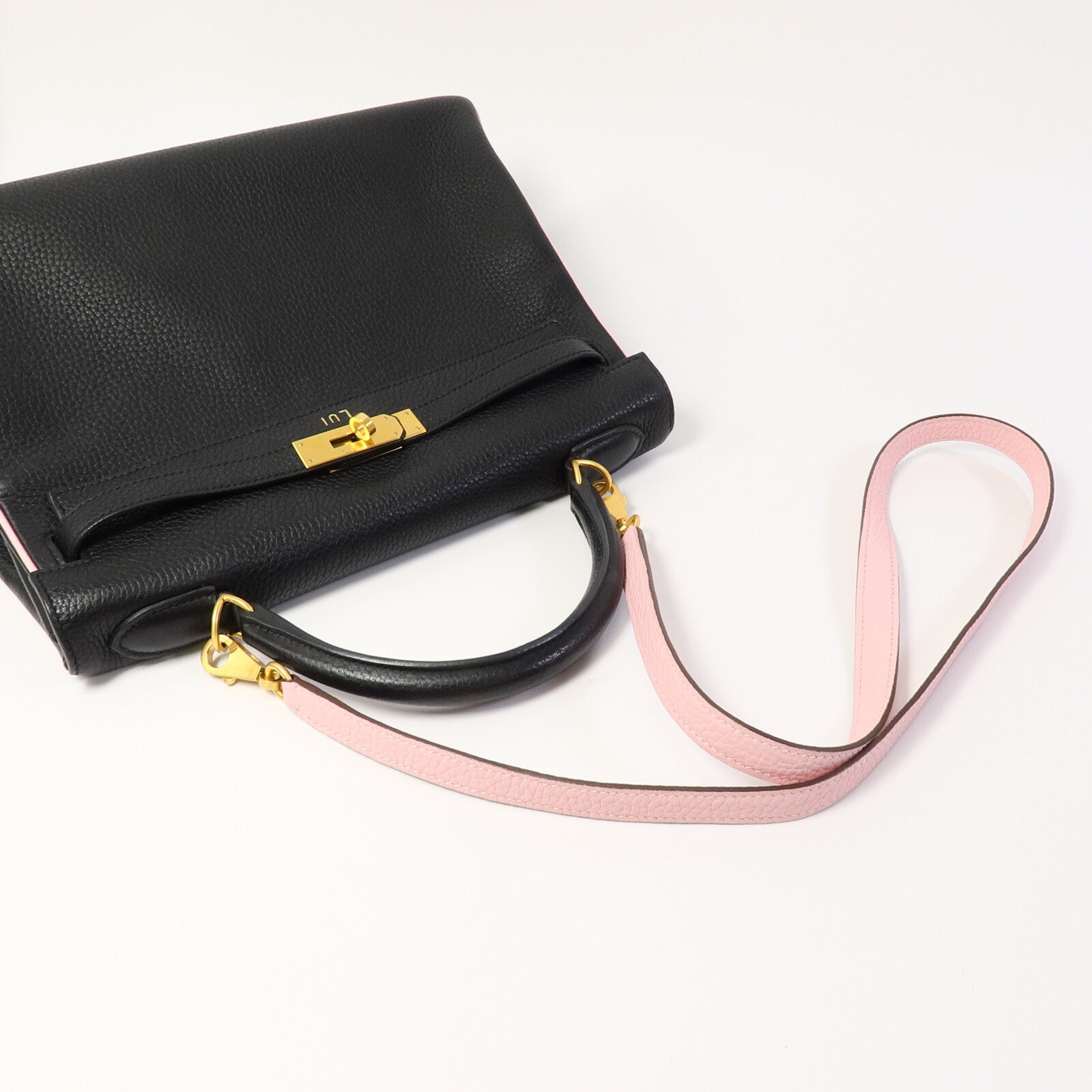 HERMES Togo皮革Kelly 32(Name mark)手挽肩背兩用袋Noir/Rose Sakura