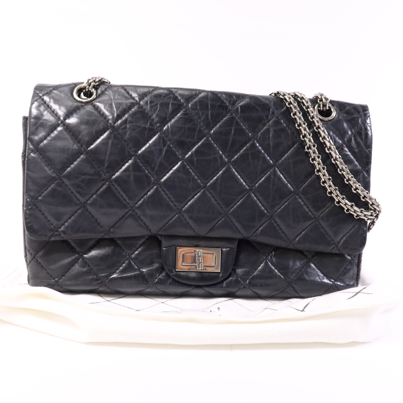 CHANEL 【激減優惠】牛皮皮革Chanel 2.55 Large銀扣鏈帶肩背袋
