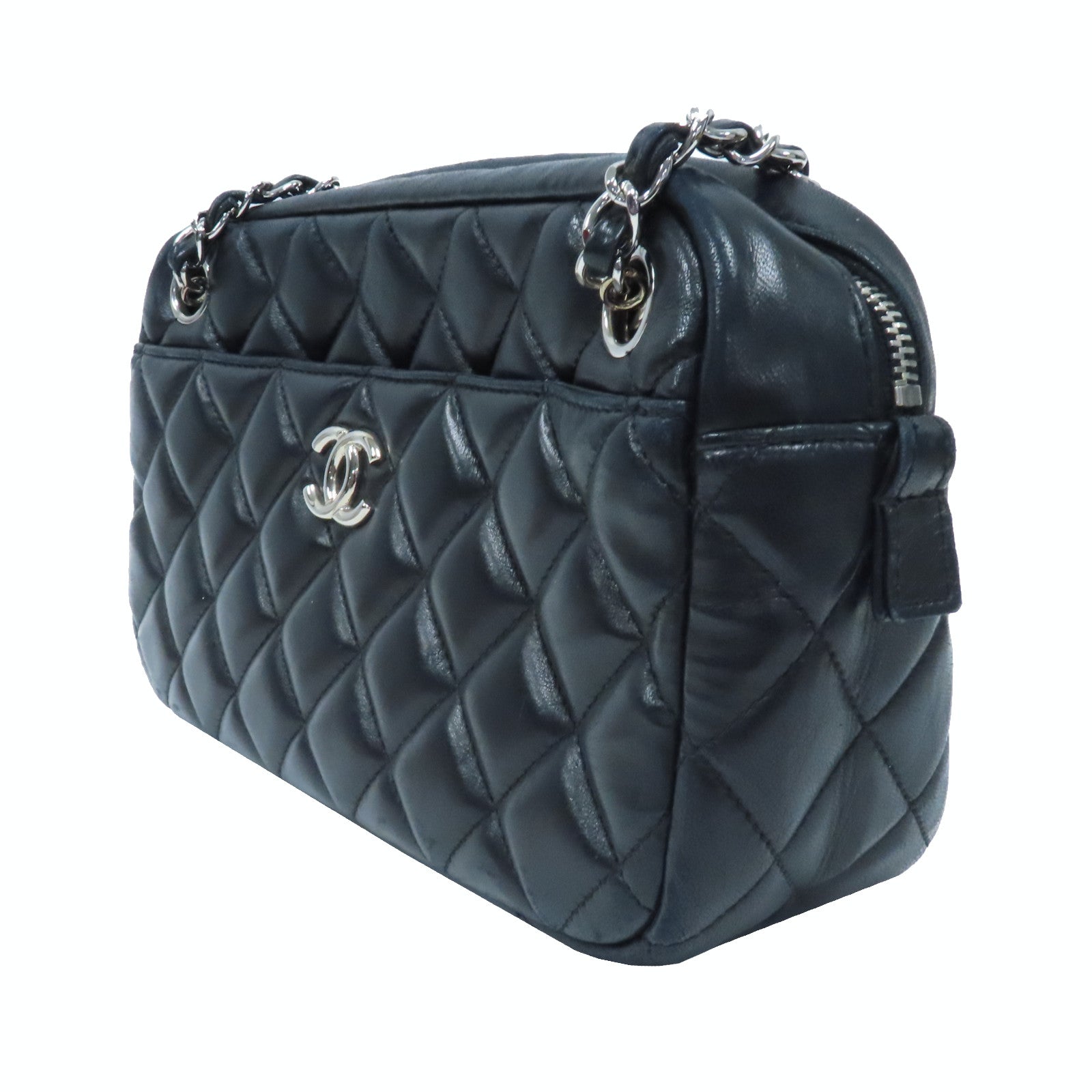 CHANEL 菱格牛皮皮革Shoulder Bag銀扣鏈帶肩背袋黑色