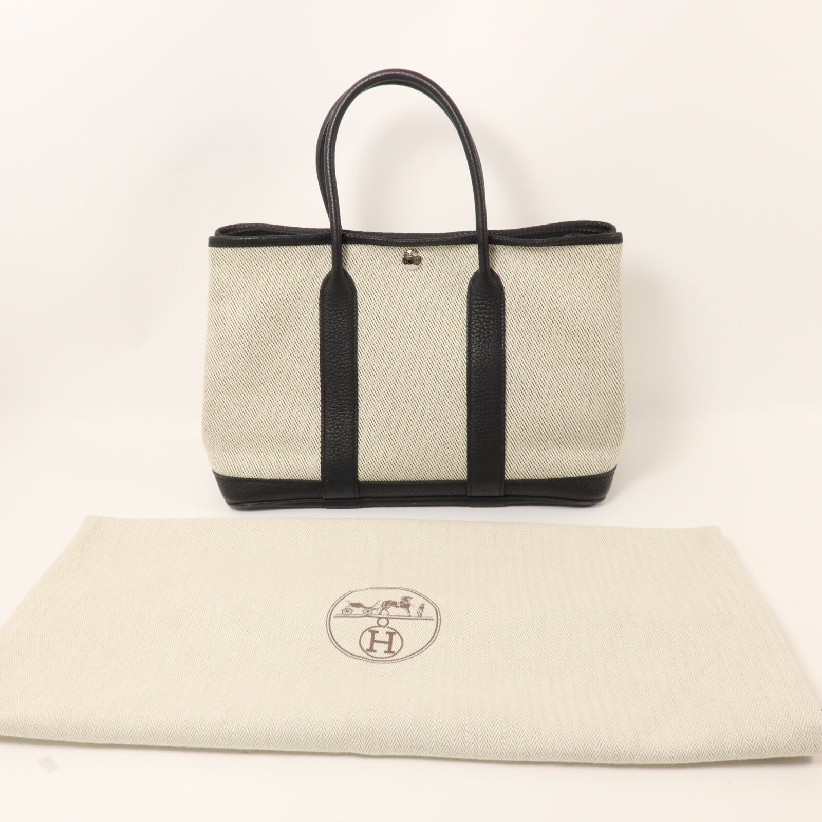 HERMES 帆布/Negonda皮革Garden Party TPM手挽袋Noir/Ecru