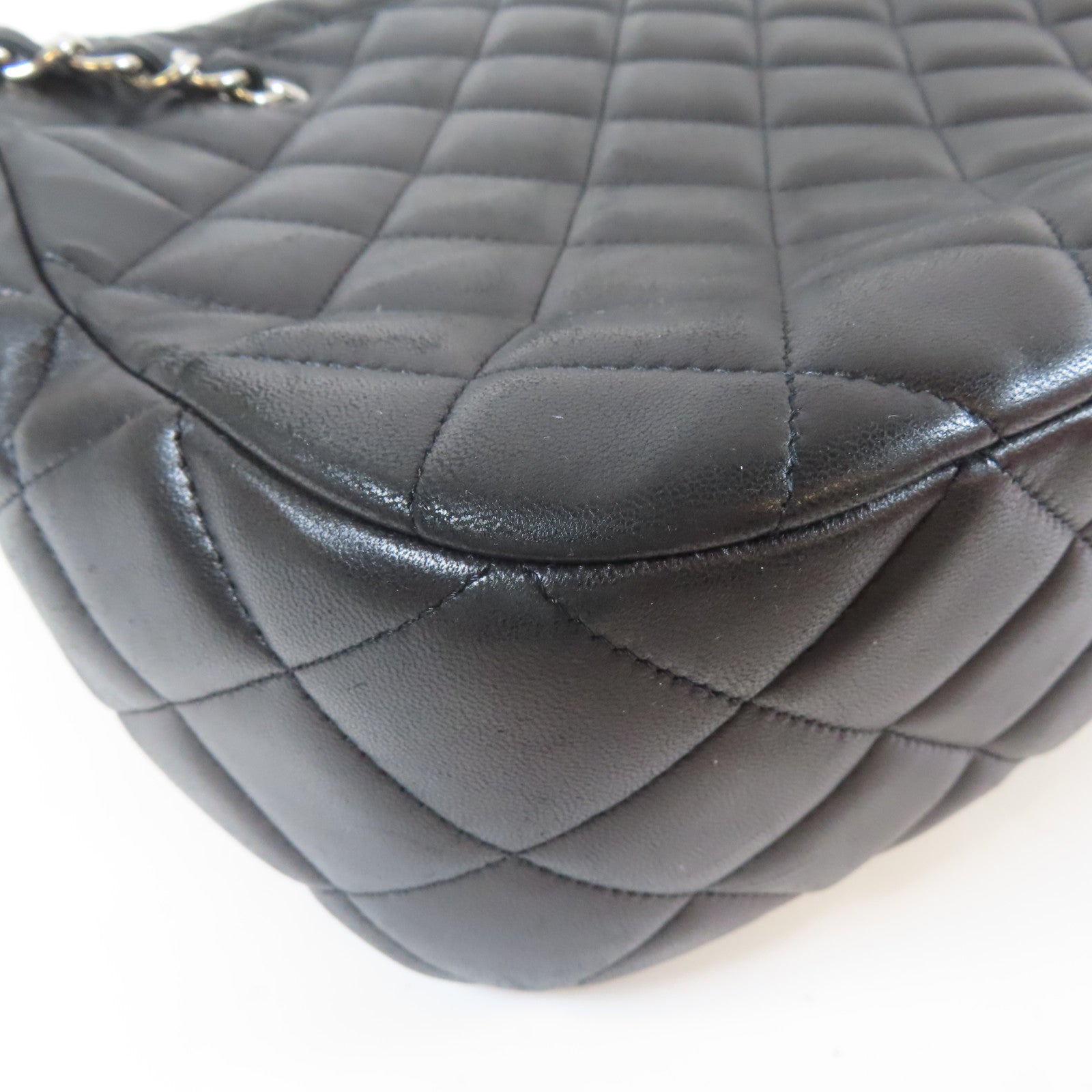 CHANEL 菱格羊皮皮革Chain Shoulder銀扣鏈帶肩背袋黑色