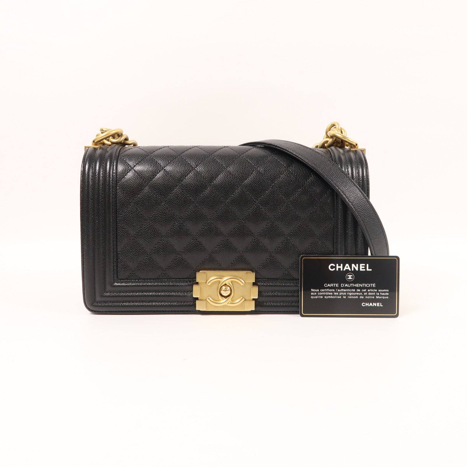 CHANEL 牛皮皮革Boy 25金扣鏈帶肩背袋