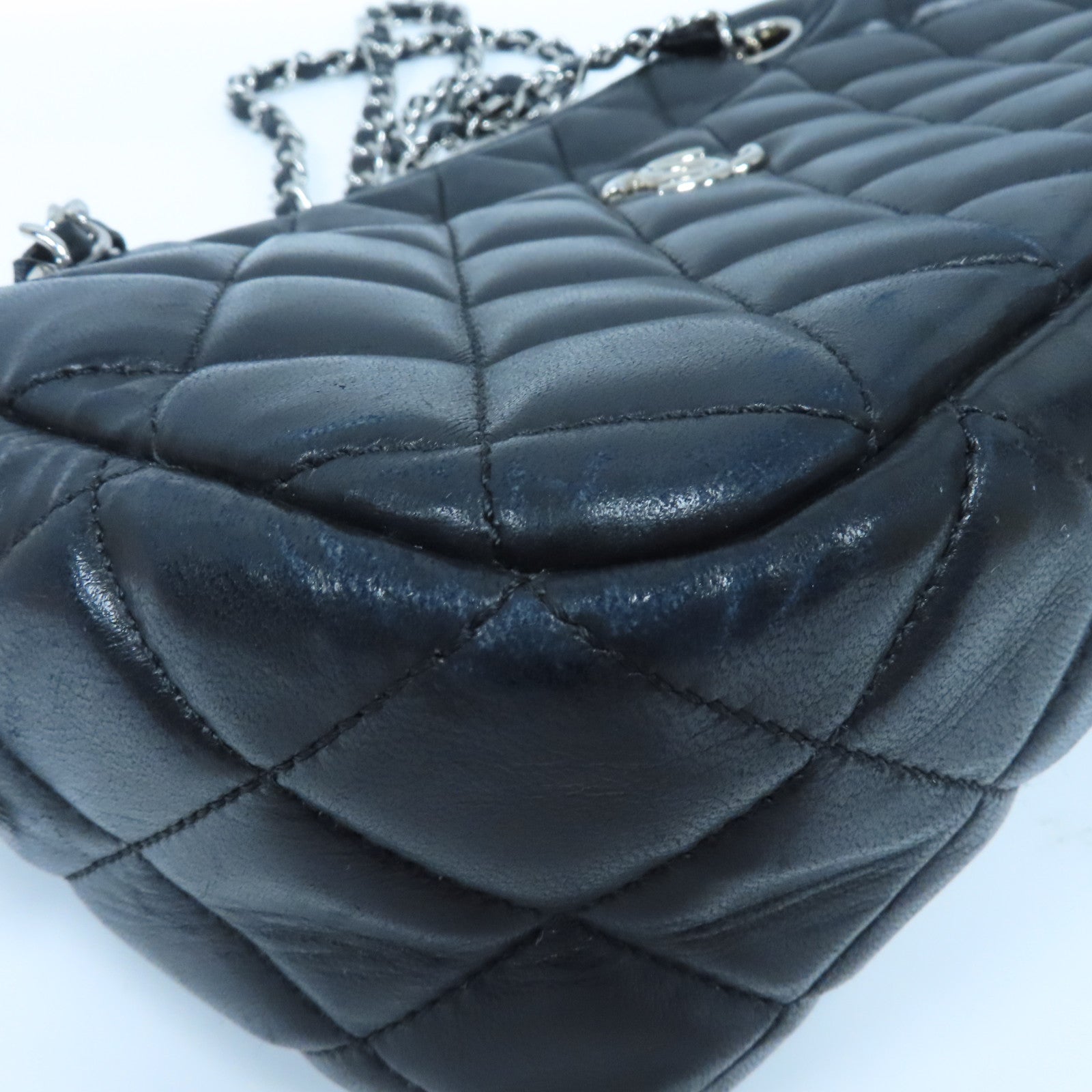 CHANEL 菱格牛皮皮革Shoulder Bag銀扣鏈帶肩背袋黑色