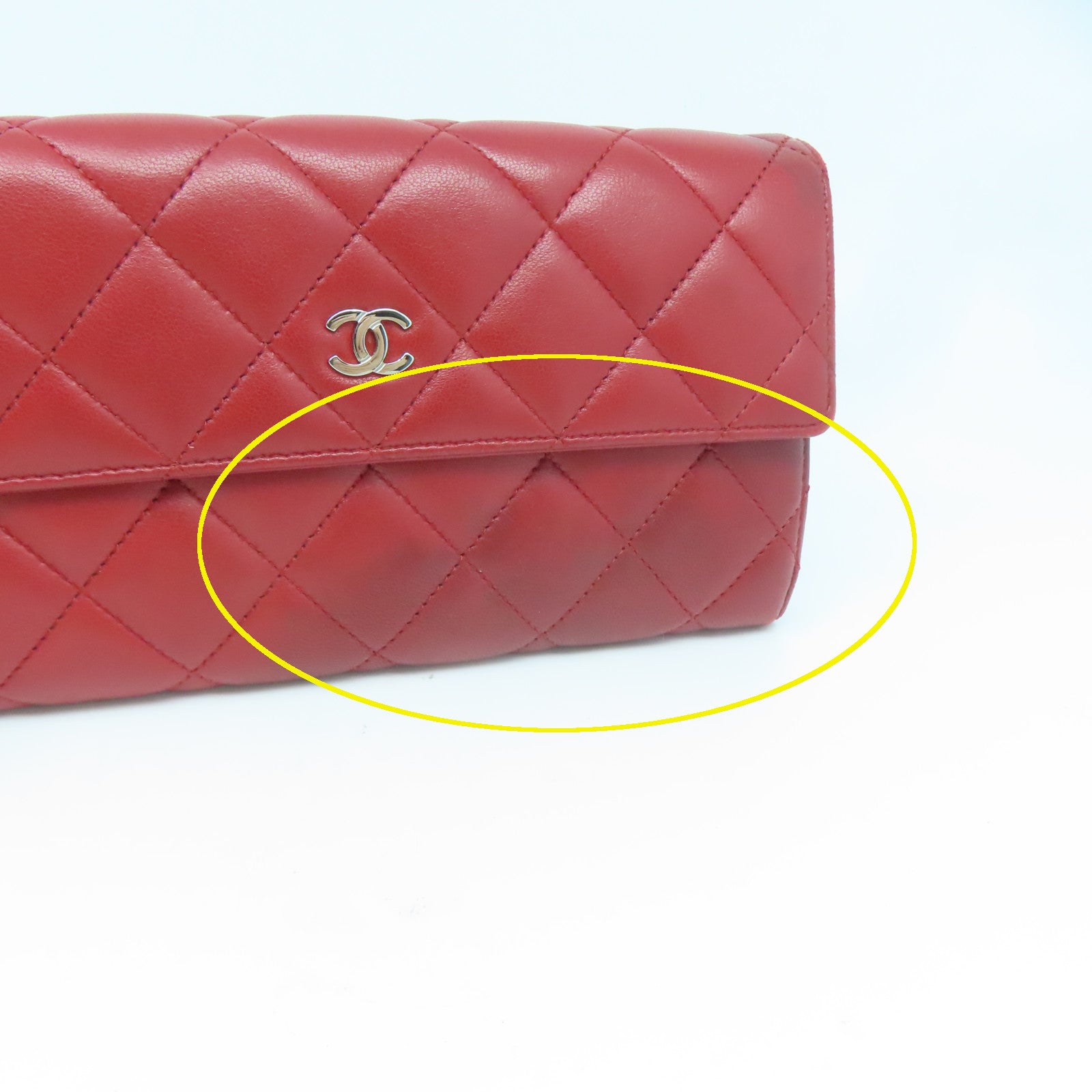 CHANEL 菱格牛皮皮革Wallet銀扣長錢包紅色