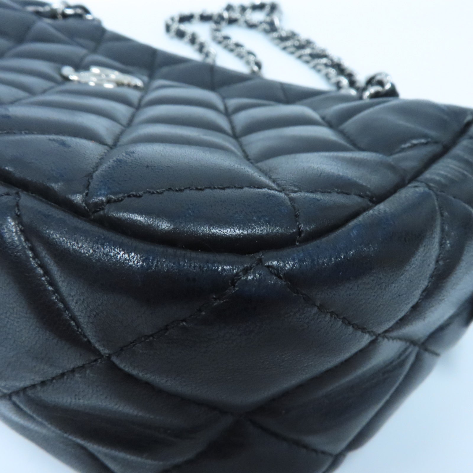 CHANEL 菱格牛皮皮革Shoulder Bag銀扣鏈帶肩背袋黑色