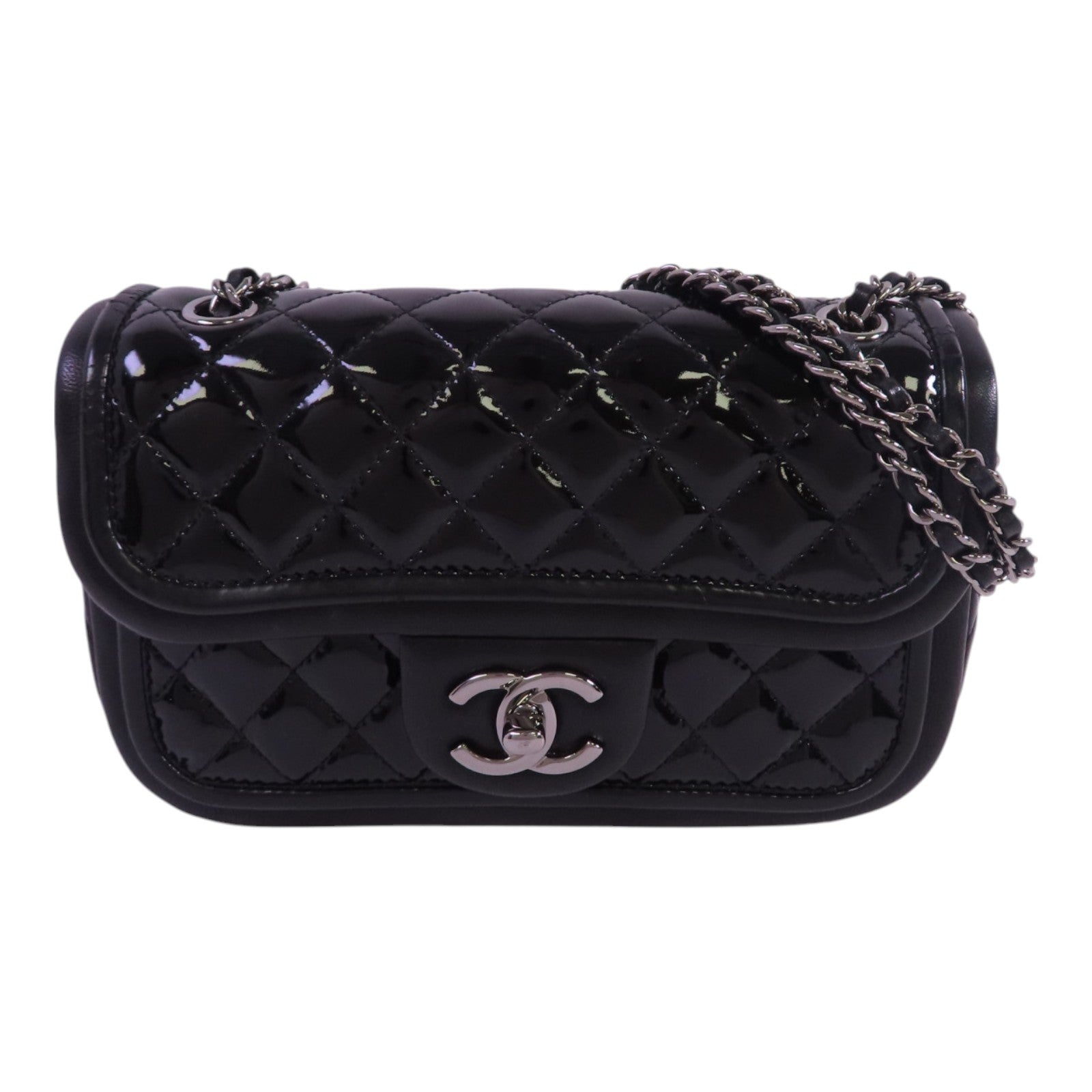 CHANEL 漆皮皮革Chain Shoulder Bag銀扣鏈帶肩背袋