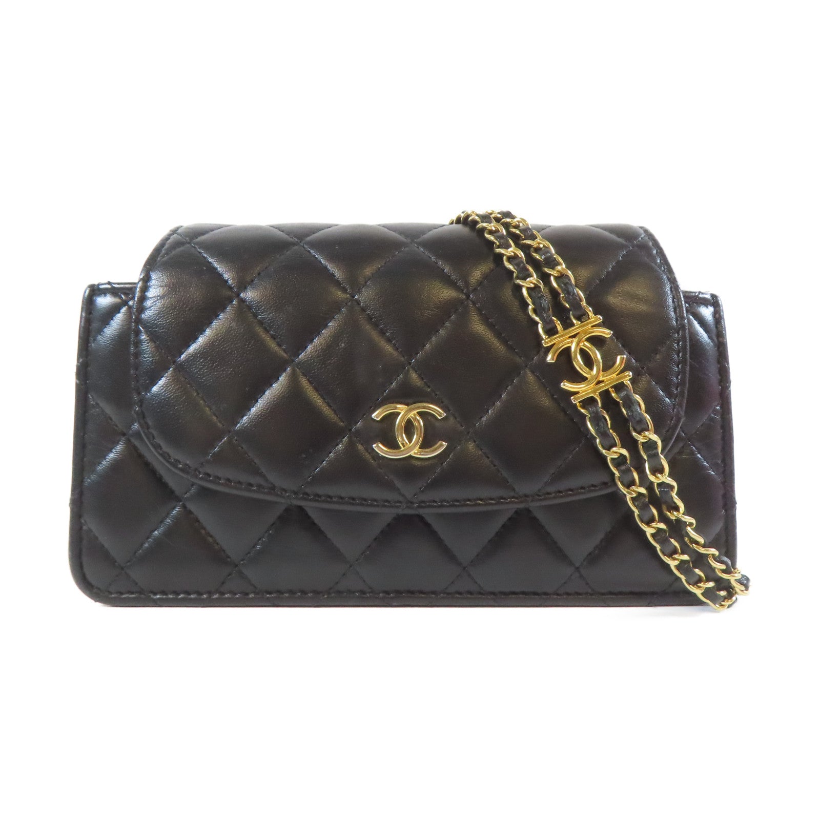 CHANEL 【激減優惠】菱格羊皮皮革Chain Shoulder金扣鏈帶肩背袋黑色