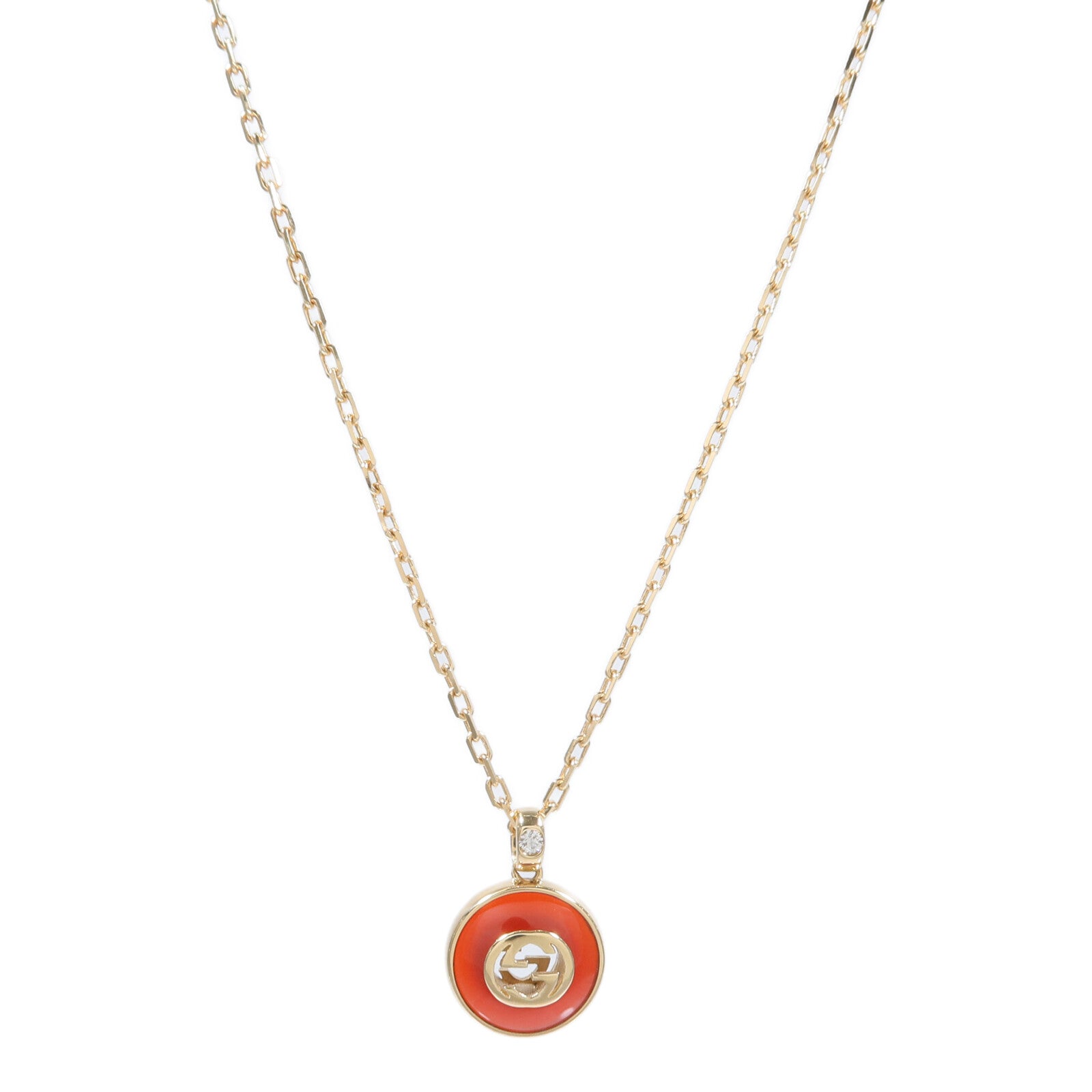GUCCI 18K黃金Interlocking G Necklace紅玉髓/鑽石項鍊