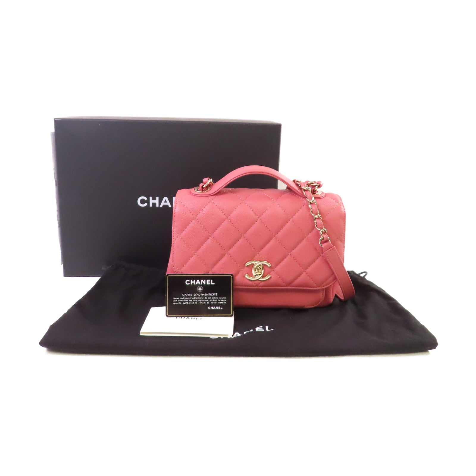 CHANEL 菱格Caviar皮革2Way Shoulder Bag金扣鏈帶手挽肩背兩用袋粉紅色