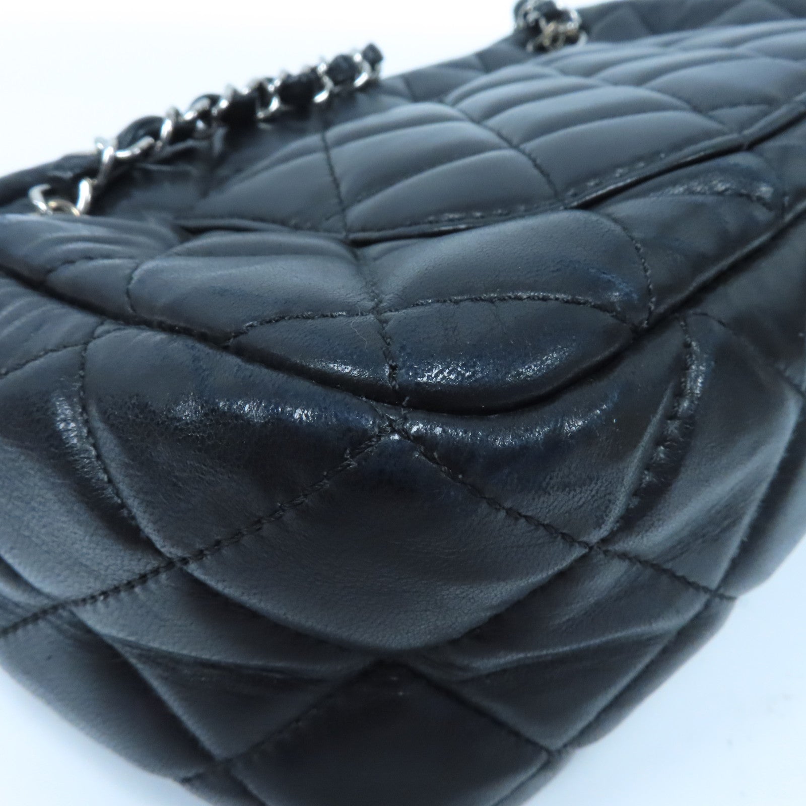 CHANEL 菱格牛皮皮革Shoulder Bag銀扣鏈帶肩背袋黑色