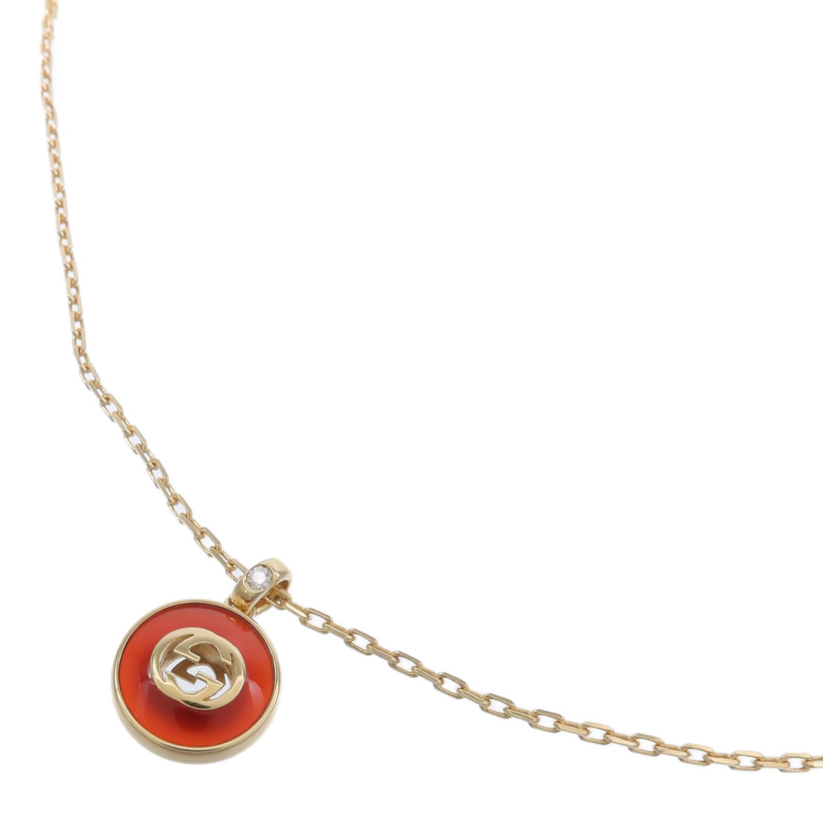 GUCCI 18K黃金Interlocking G Necklace紅玉髓/鑽石項鍊
