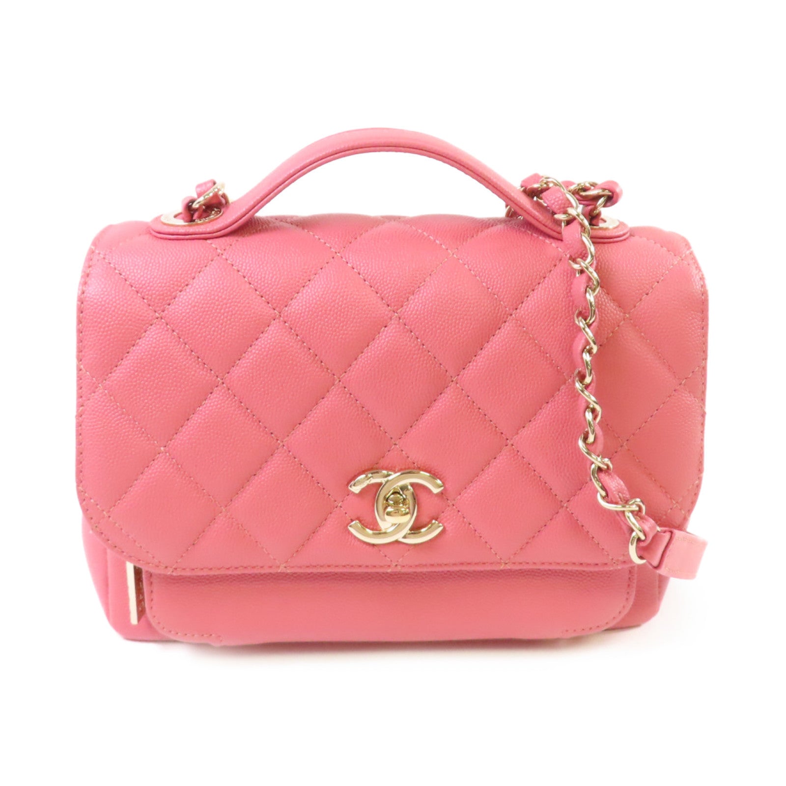 CHANEL 菱格Caviar皮革2Way Shoulder Bag金扣鏈帶手挽肩背兩用袋粉紅色