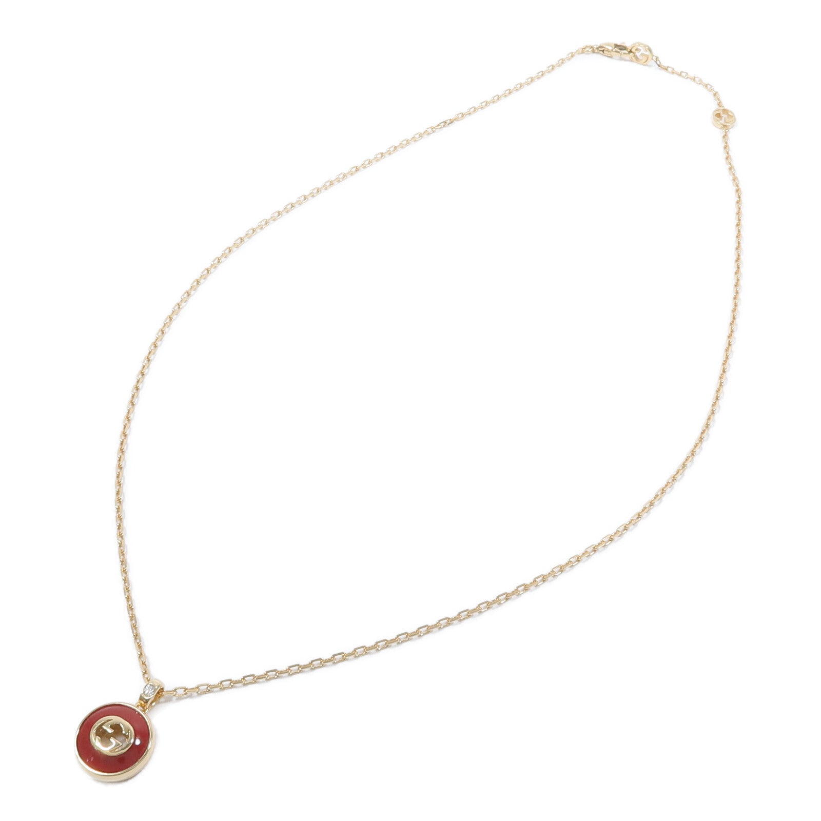GUCCI 18K黃金Interlocking G Necklace紅玉髓/鑽石項鍊