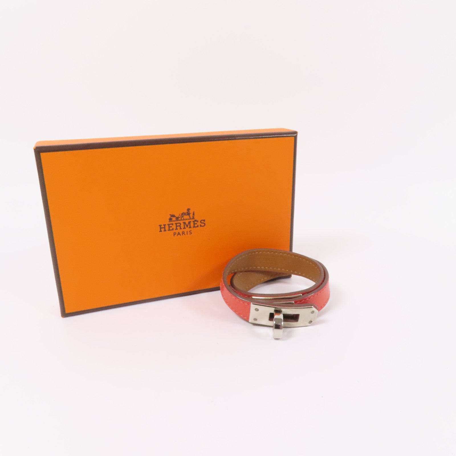 HERMES Epsom皮革Kelly Double Tour銀扣手鏈Pink