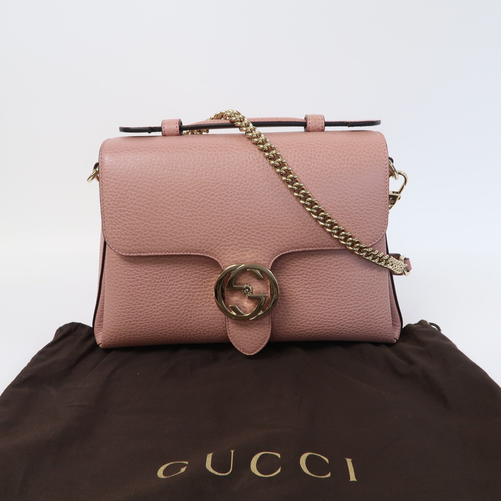 GUCCI 【激減優惠】牛皮皮革Chain Shoulder Bag金扣鏈帶肩背袋粉紅色